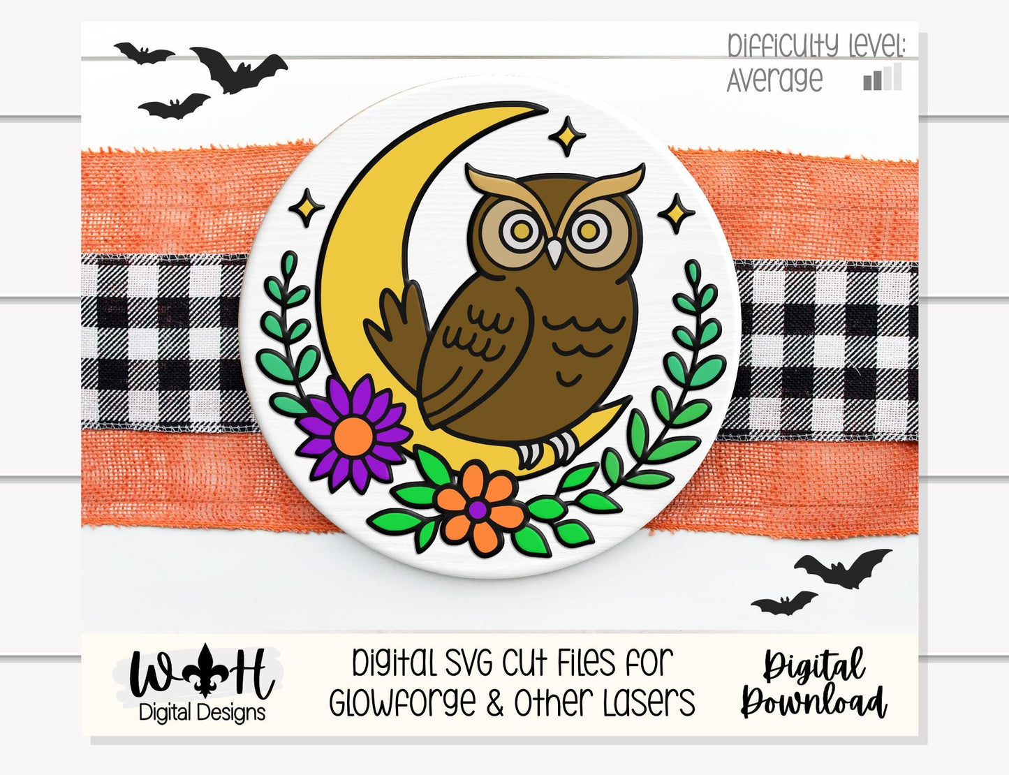 Whimsical Celestial Owl Floral Round - Halloween Door Hanger - Seasonal Sign Making and DIY Kits - Digital SVG Cut File For Glowforge Lasers