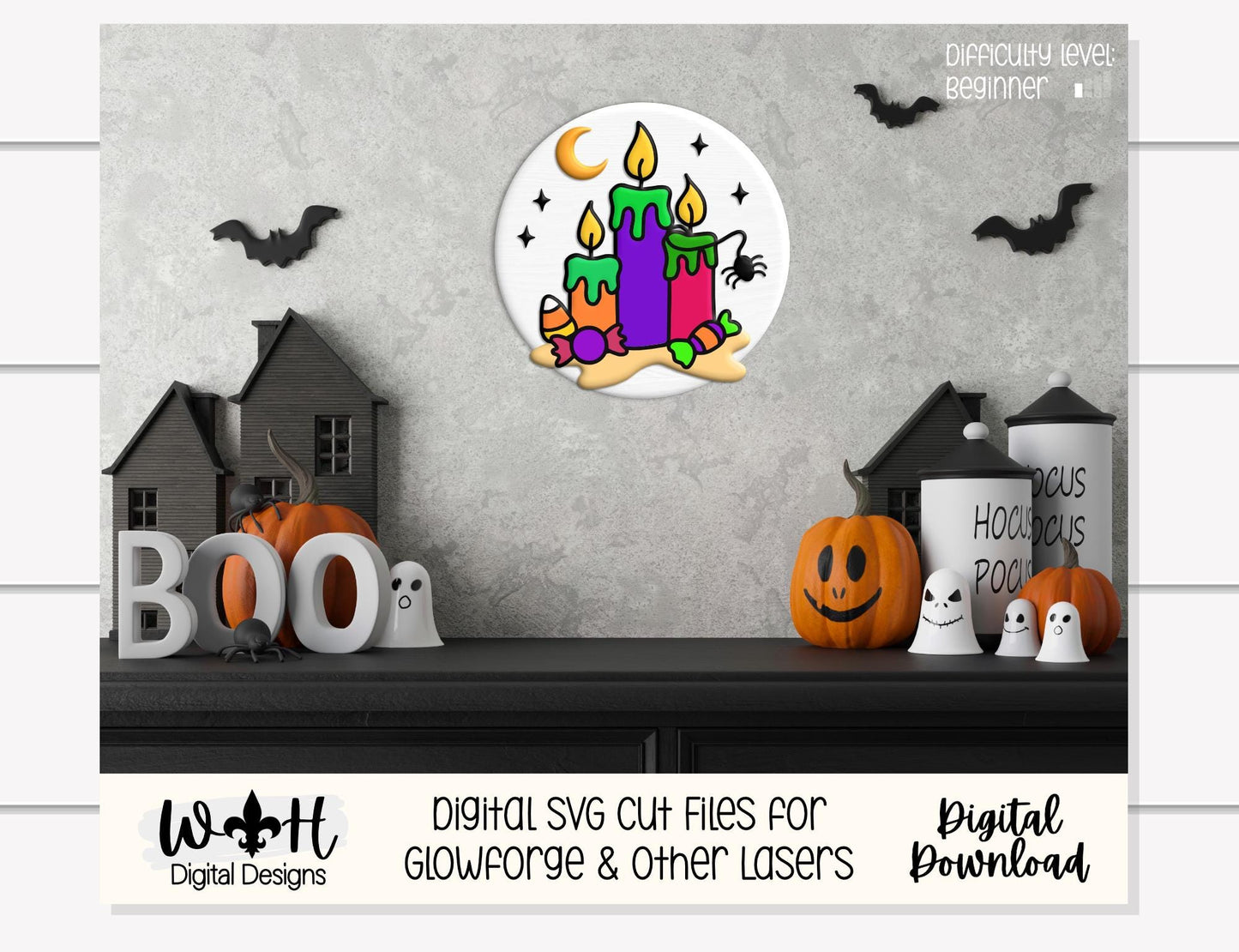 Tricks and Treats Halloween Candles - Seasonal Door Hanger Round - Sign Making and DIY Kits - Digital SVG Cut File For Glowforge Laser