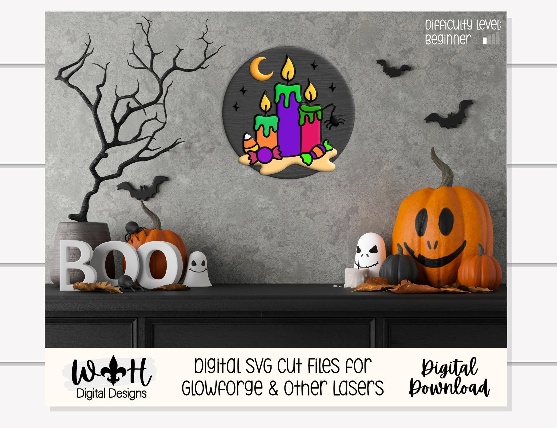 Tricks and Treats Halloween Candles - Seasonal Door Hanger Round - Sign Making and DIY Kits - Digital SVG Cut File For Glowforge Laser