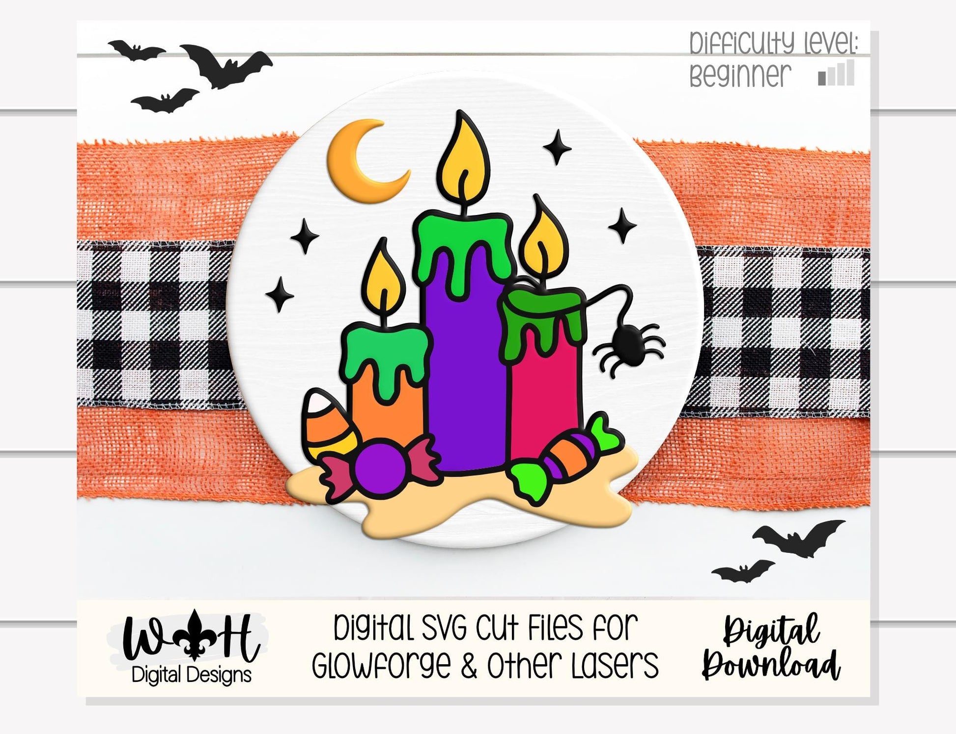 Tricks and Treats Halloween Candles - Seasonal Door Hanger Round - Sign Making and DIY Kits - Digital SVG Cut File For Glowforge Laser