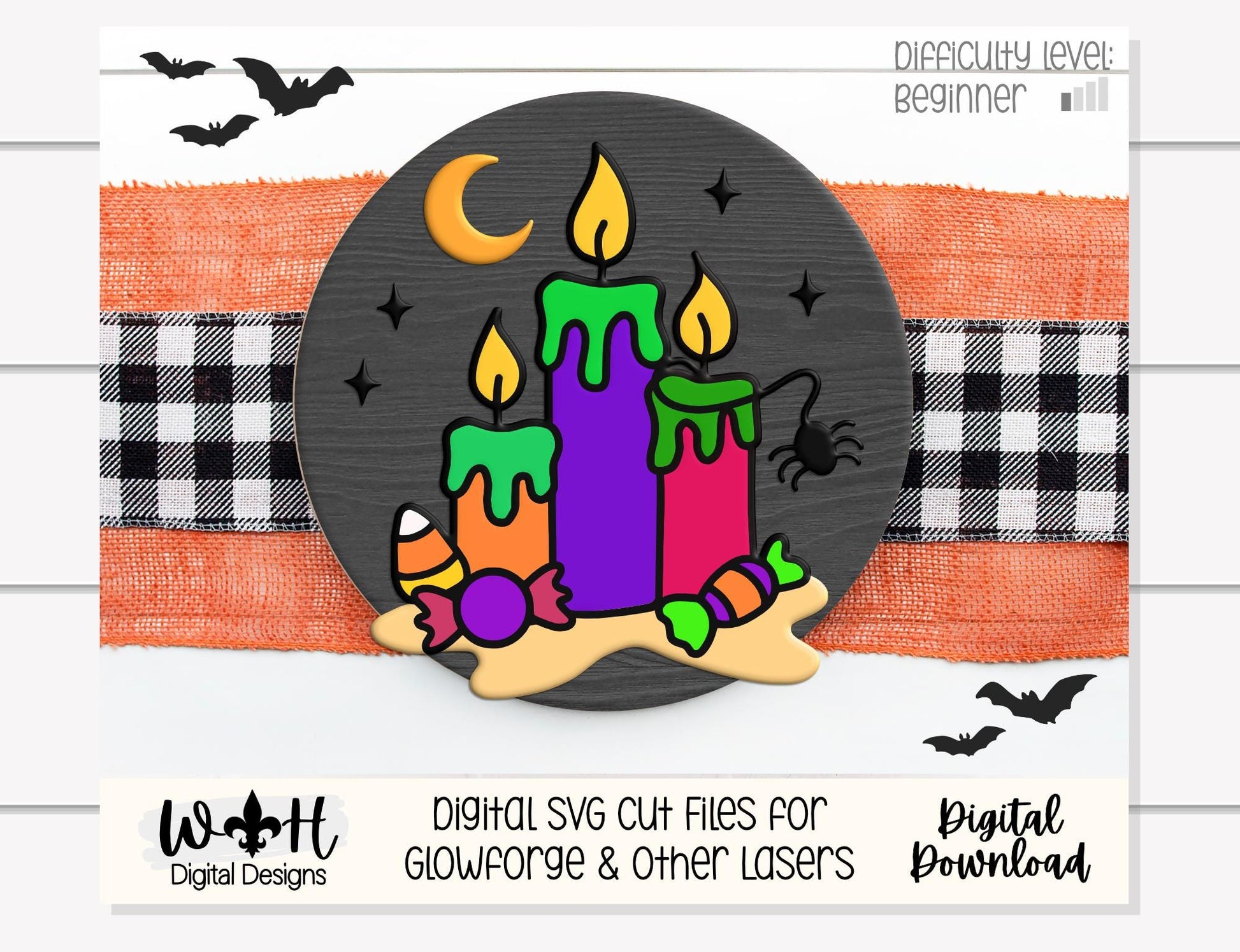 Tricks and Treats Halloween Candles - Seasonal Door Hanger Round - Sign Making and DIY Kits - Digital SVG Cut File For Glowforge Laser