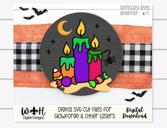 Tricks and Treats Halloween Candles - Seasonal Door Hanger Round - Sign Making and DIY Kits - Digital SVG Cut File For Glowforge Laser