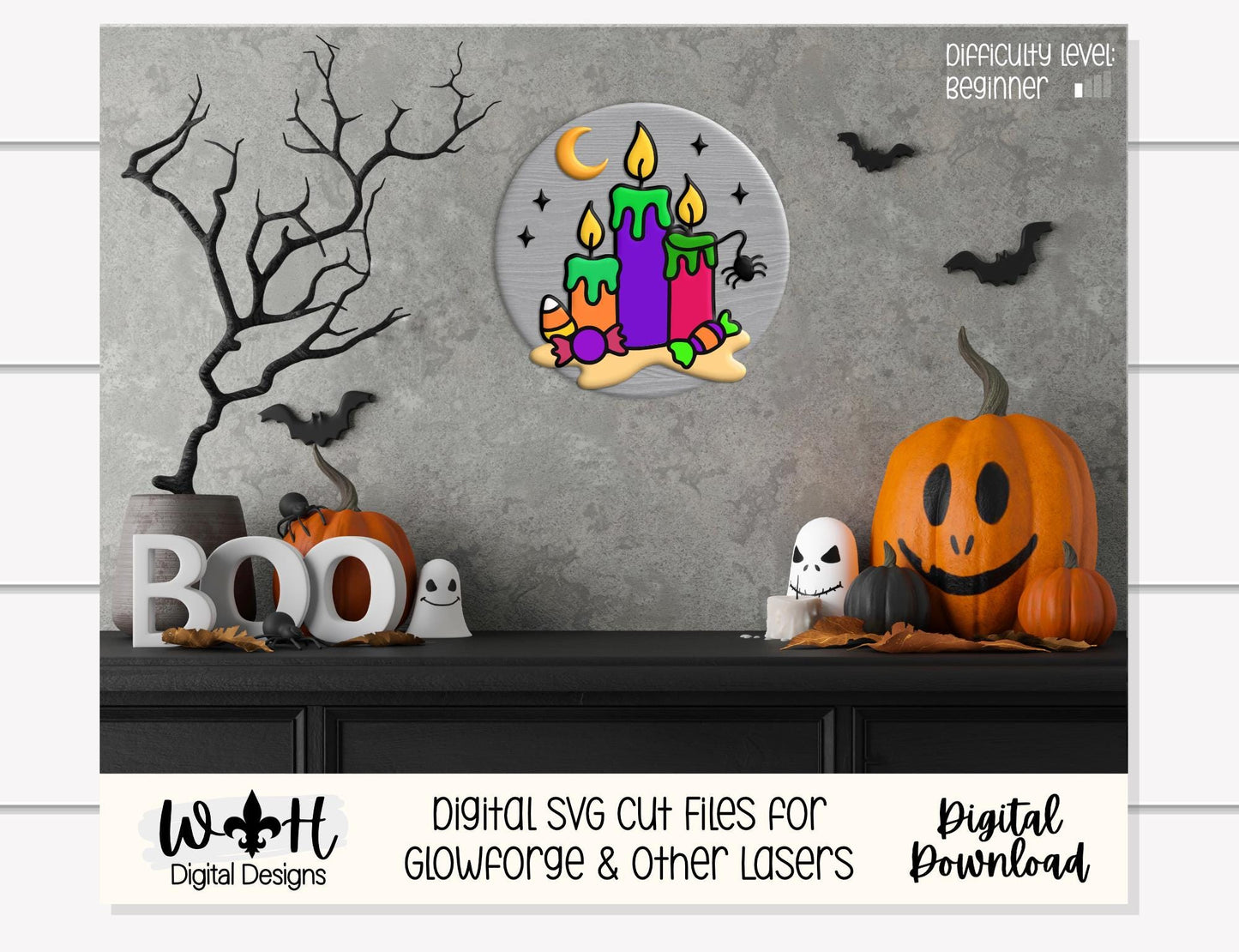 Tricks and Treats Halloween Candles - Seasonal Door Hanger Round - Sign Making and DIY Kits - Digital SVG Cut File For Glowforge Laser