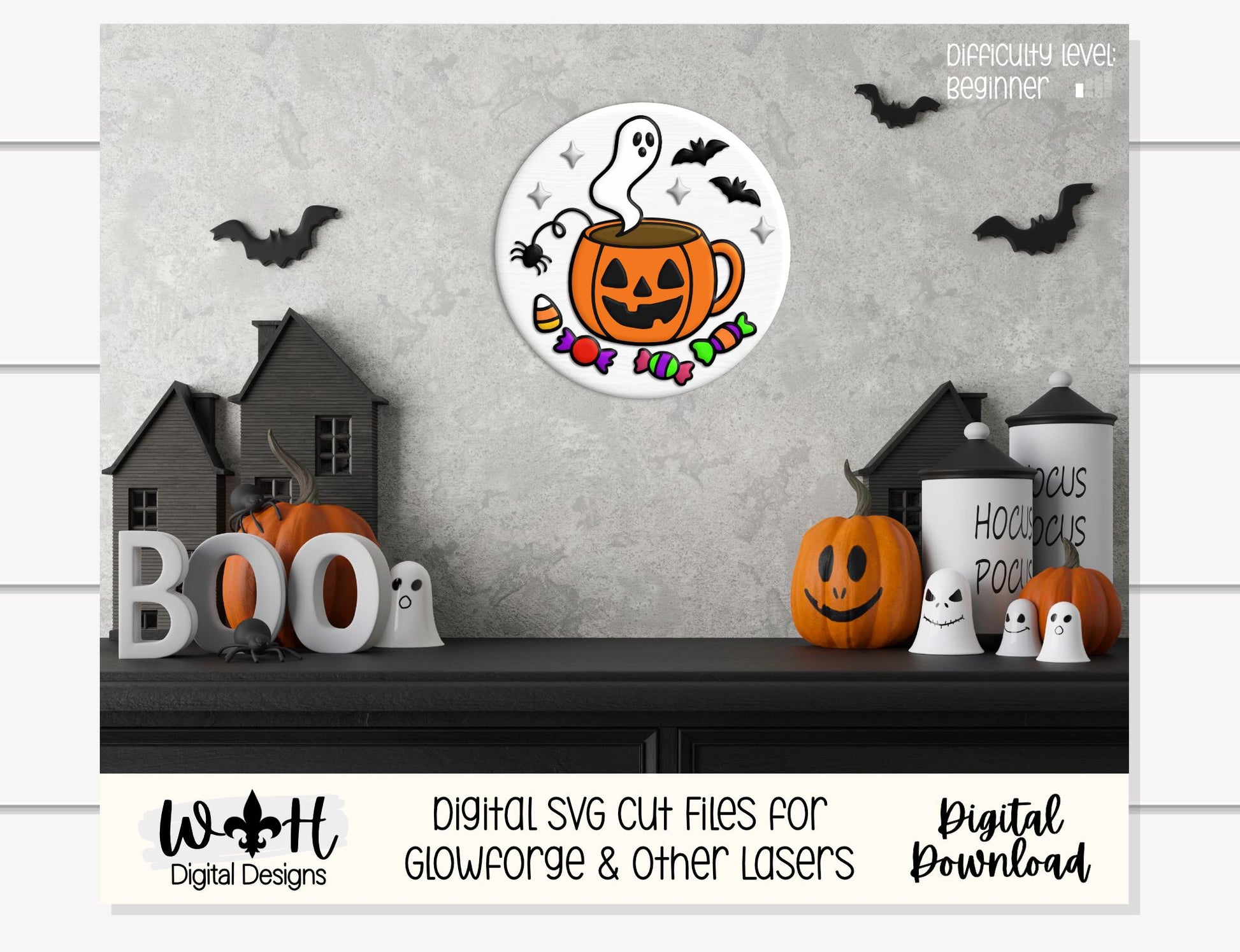 Tricks and Treats Spooky Coffee Mug - Halloween Door Hanger Round - Sign Making and DIY Kits - Digital SVG Cut File For Glowforge Lasers