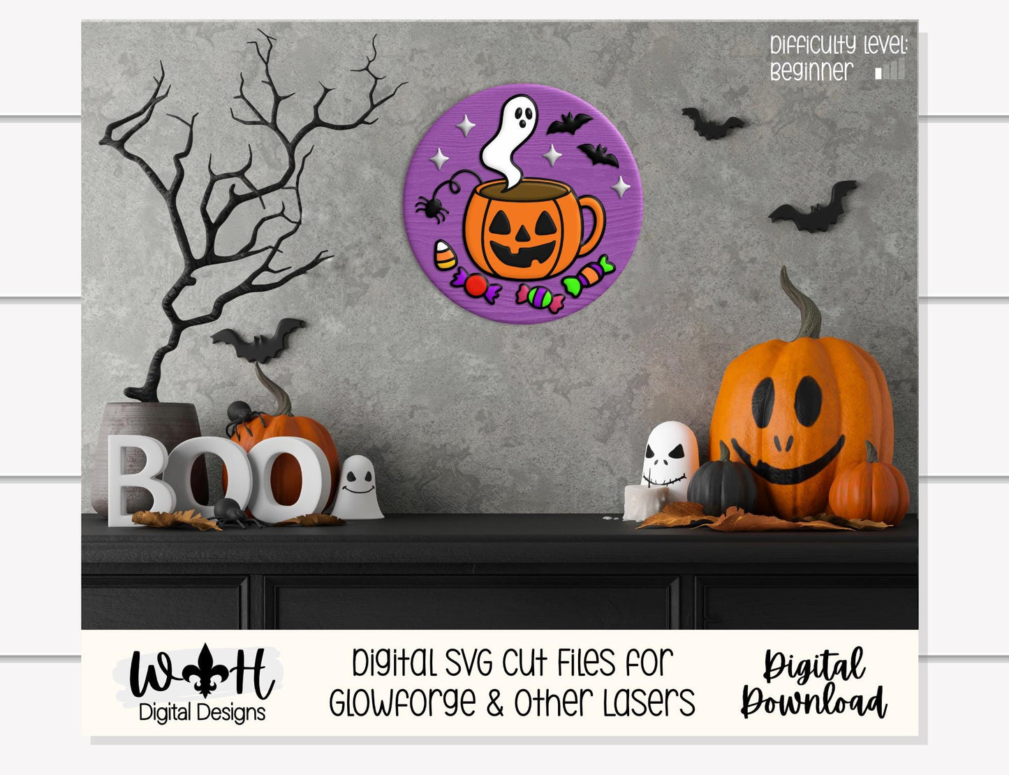 Tricks and Treats Spooky Coffee Mug - Halloween Door Hanger Round - Sign Making and DIY Kits - Digital SVG Cut File For Glowforge Lasers