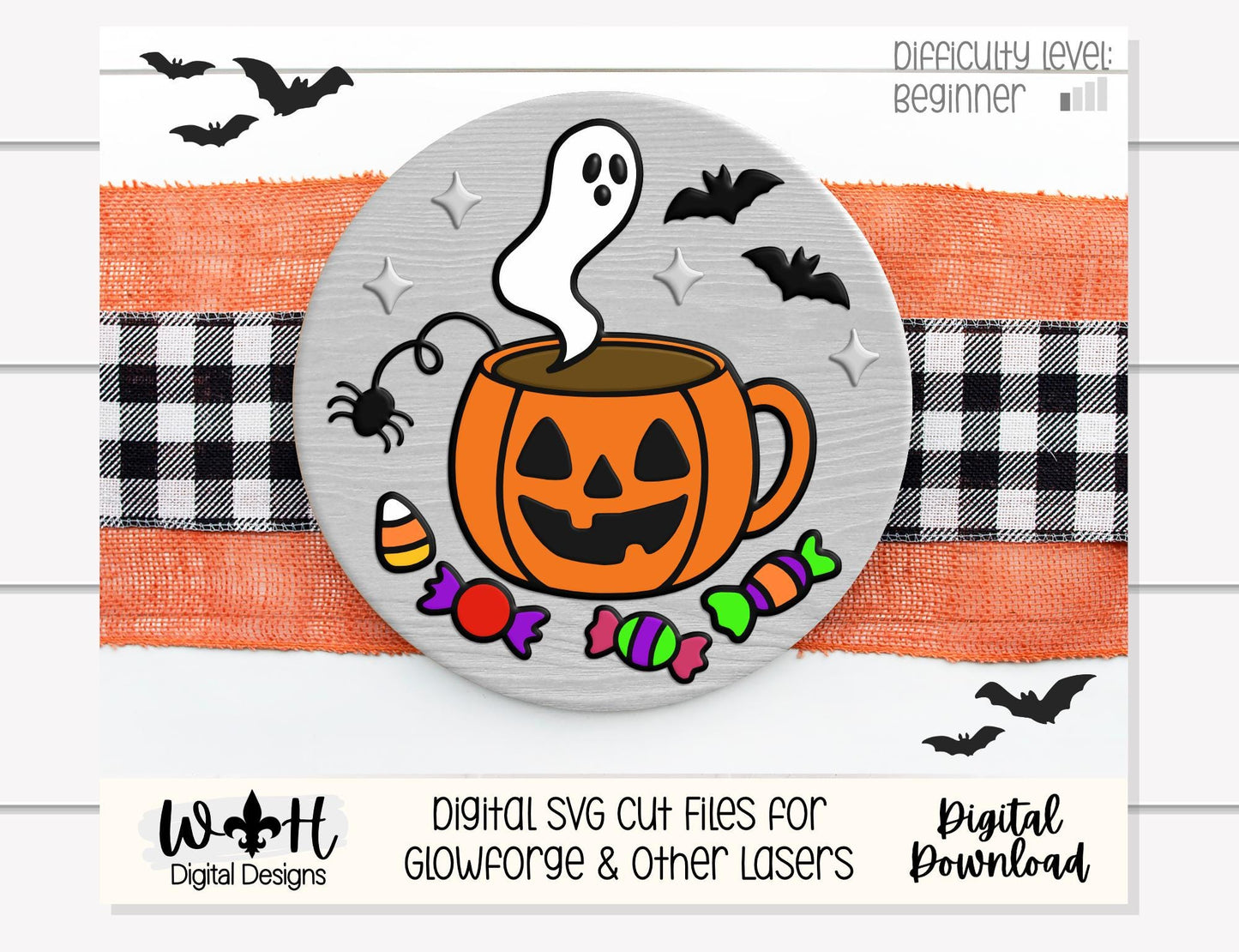 Tricks and Treats Spooky Coffee Mug - Halloween Door Hanger Round - Sign Making and DIY Kits - Digital SVG Cut File For Glowforge Lasers