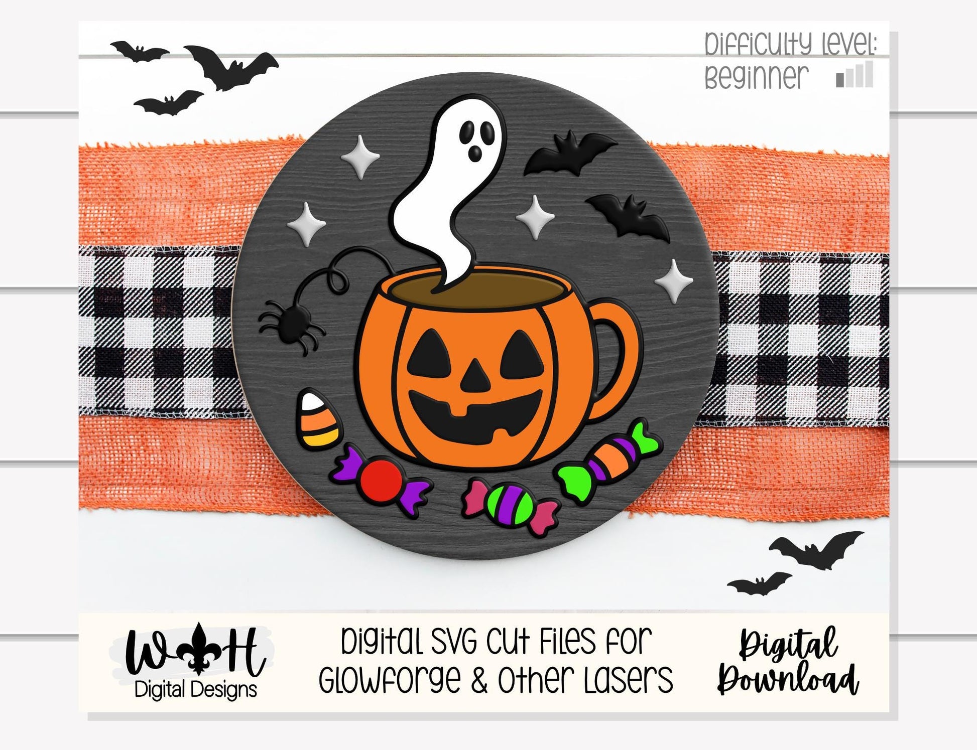 Tricks and Treats Spooky Coffee Mug - Halloween Door Hanger Round - Sign Making and DIY Kits - Digital SVG Cut File For Glowforge Lasers