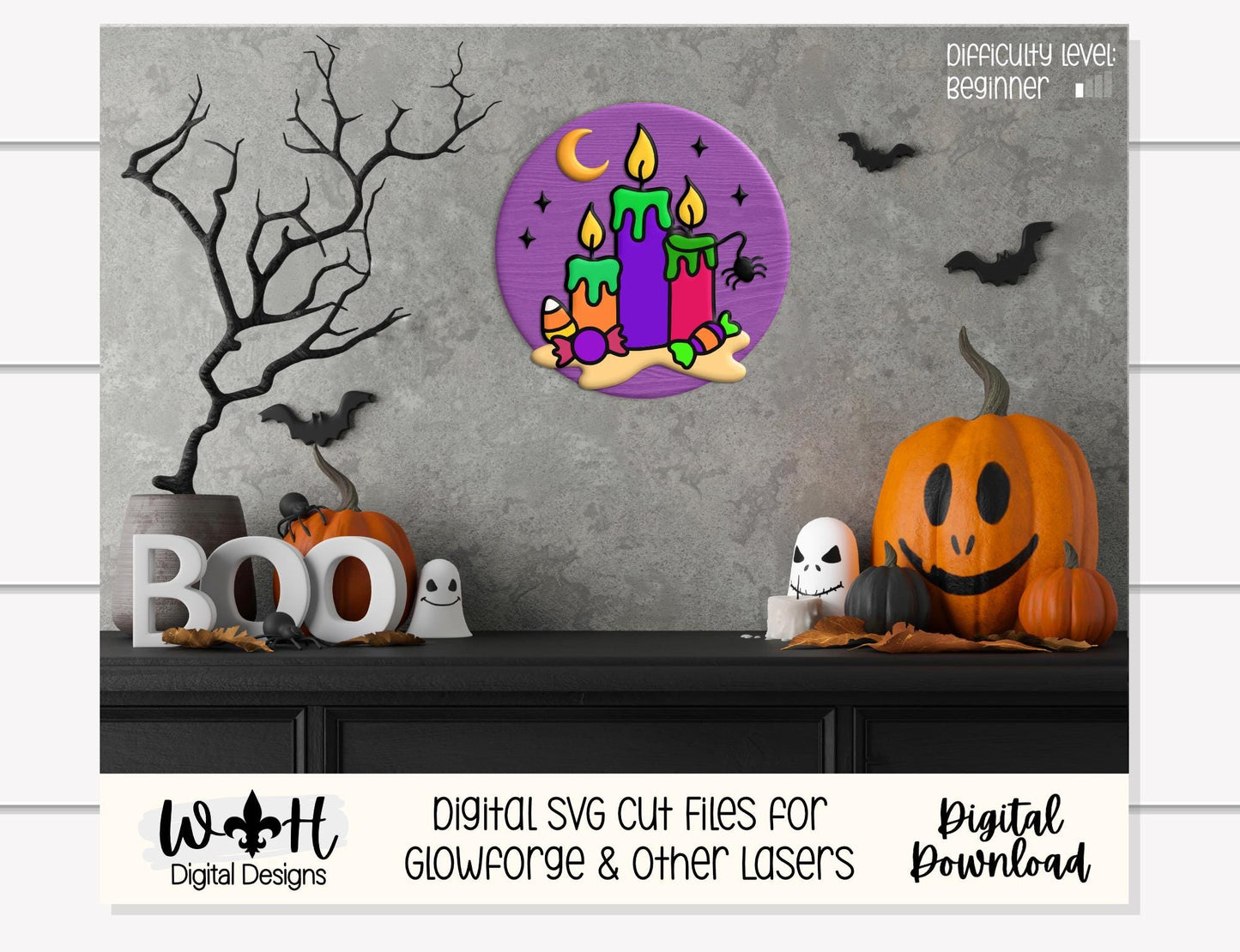 Tricks and Treats Halloween Candles - Seasonal Door Hanger Round - Sign Making and DIY Kits - Digital SVG Cut File For Glowforge Laser