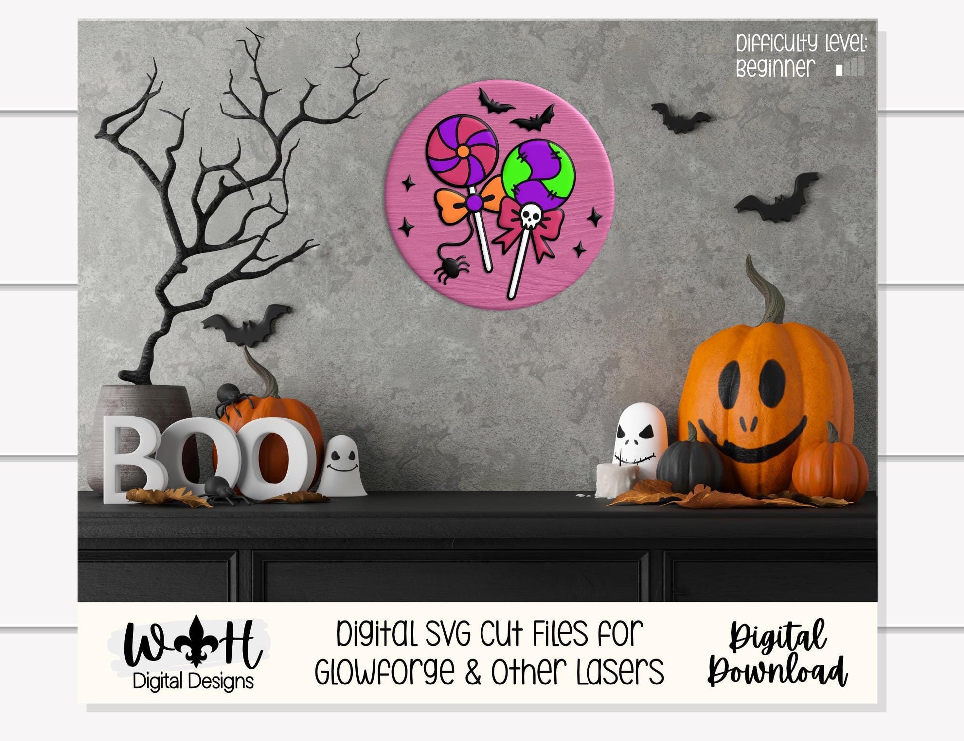 Tricks and Treats Halloween Lollipops - Seasonal Door Hanger Round - Sign Making and DIY Kits - Digital SVG Cut File For Glowforge Laser