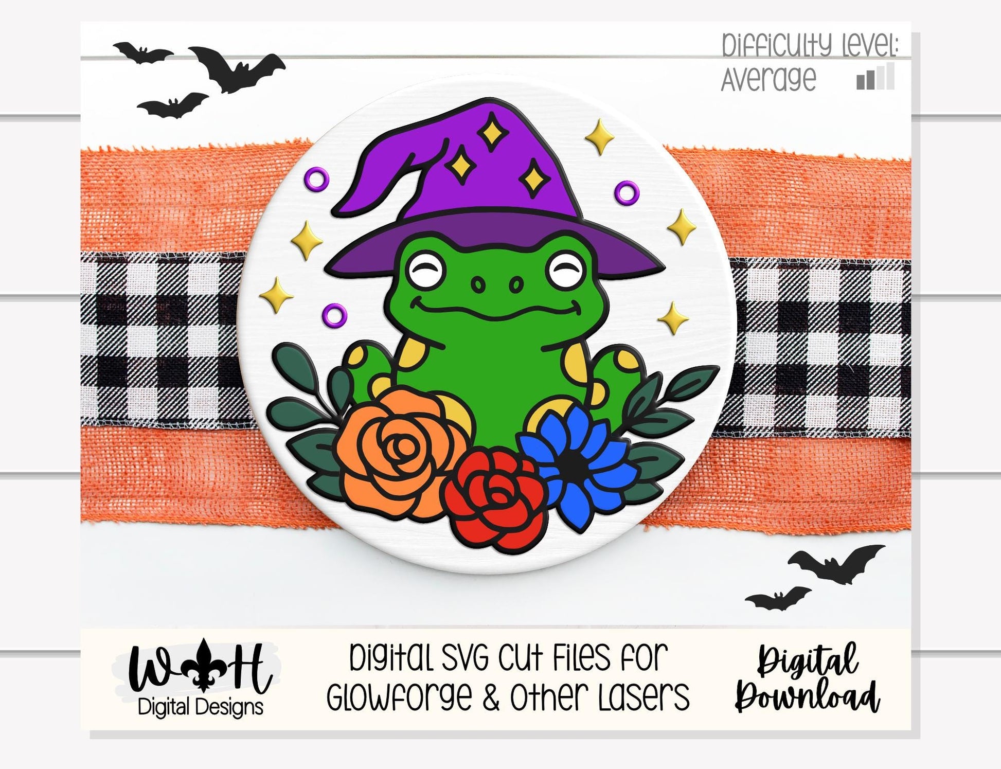 Whimsical Witchy Frog Floral Round - Halloween Door Hanger - Seasonal Sign Making and DIY Kits - Digital SVG Cut File For Glowforge Lasers