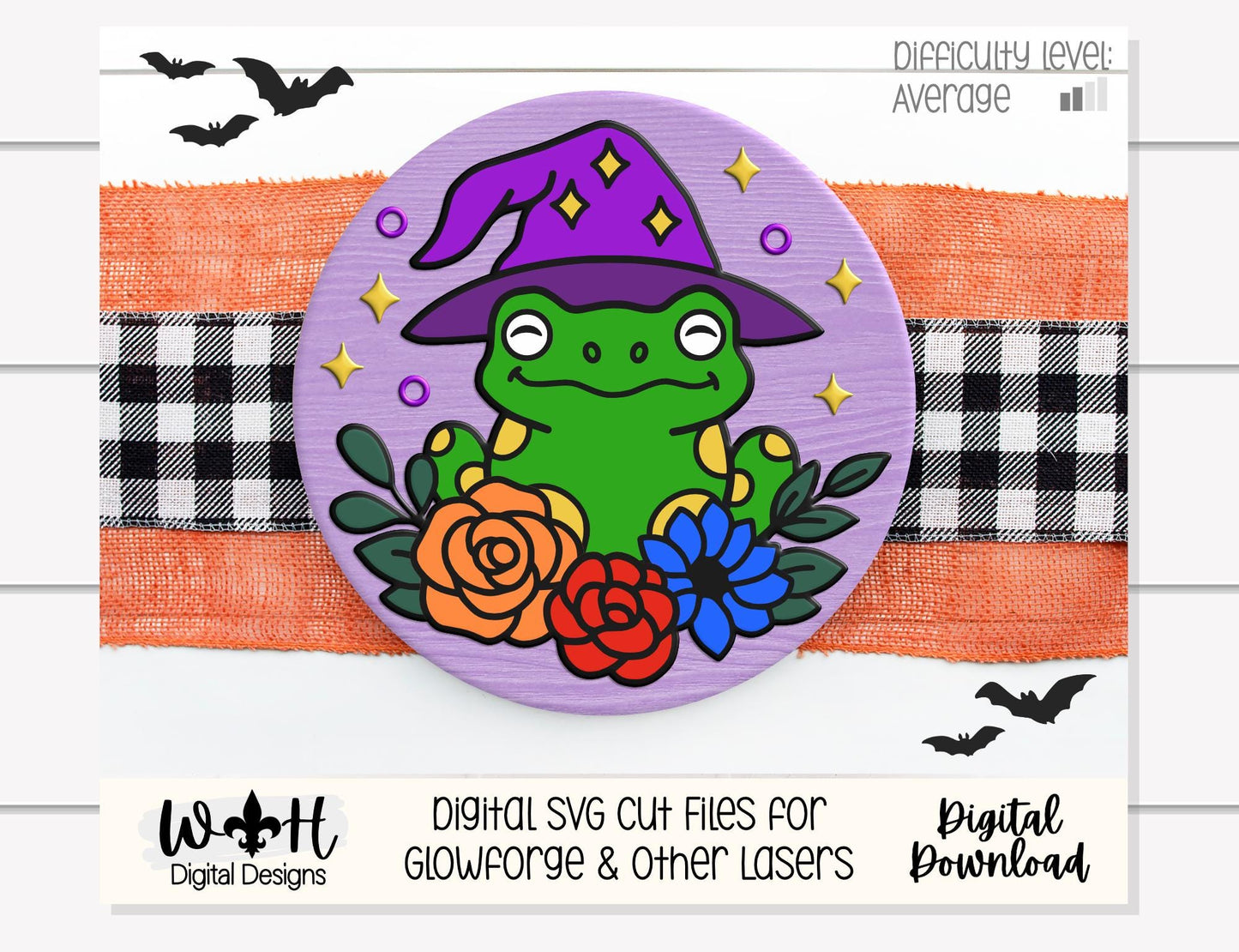 Whimsical Witchy Frog Floral Round - Halloween Door Hanger - Seasonal Sign Making and DIY Kits - Digital SVG Cut File For Glowforge Lasers