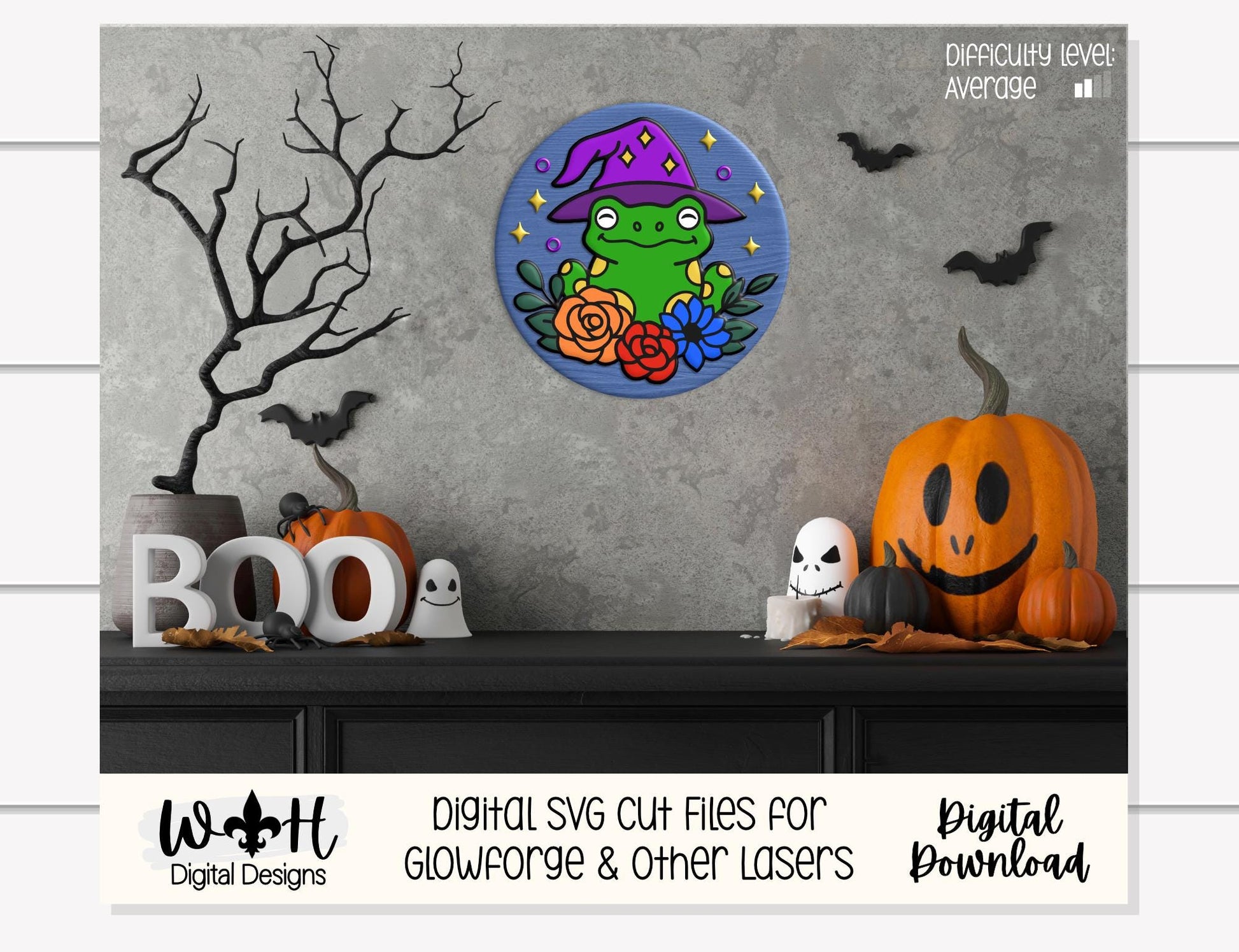 Whimsical Witchy Frog Floral Round - Halloween Door Hanger - Seasonal Sign Making and DIY Kits - Digital SVG Cut File For Glowforge Lasers