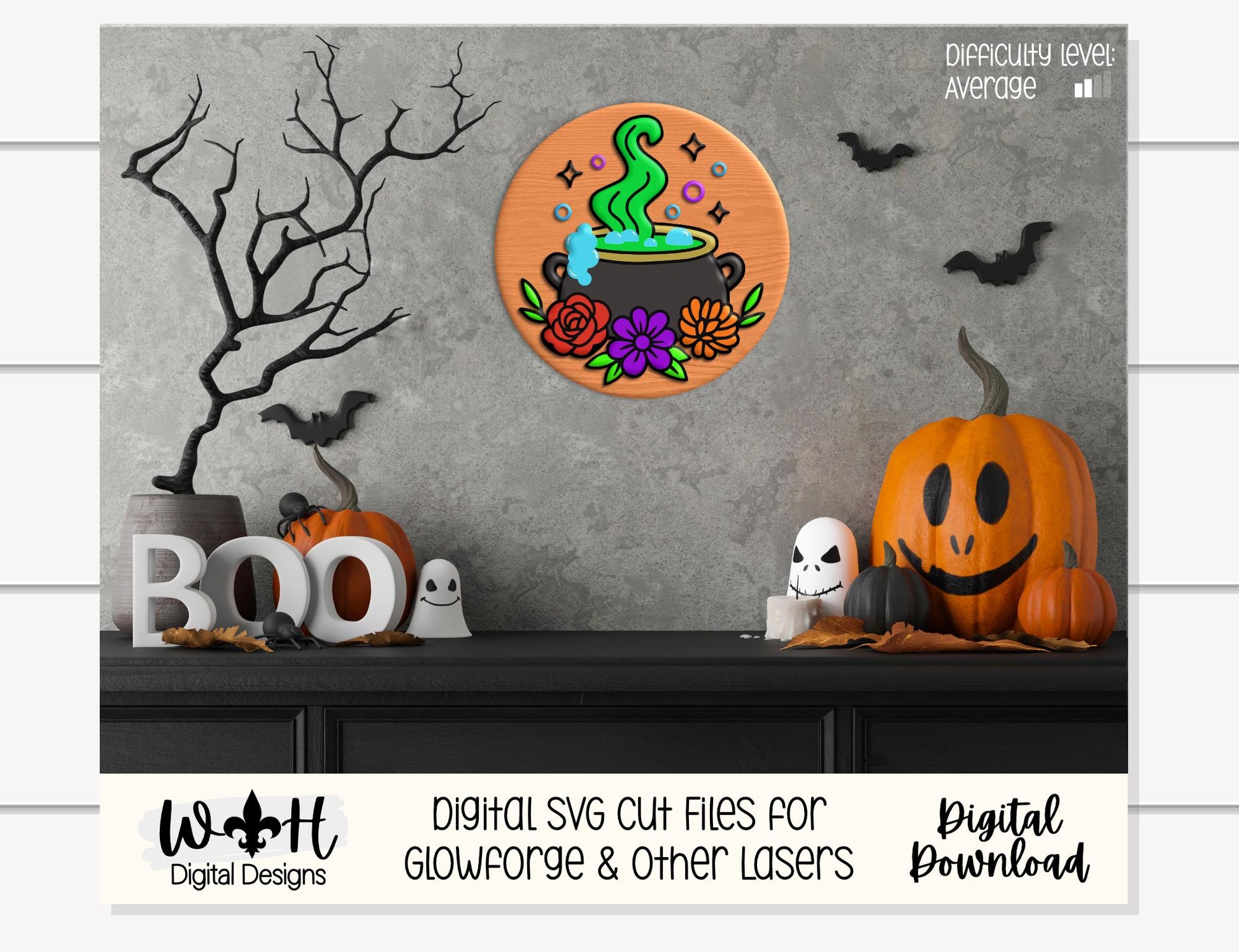 Whimsical Witch Cauldron Floral Round - Halloween Door Hanger - Seasonal Sign Making and DIY Kits - Digital SVG Cut File For Glowforge Laser
