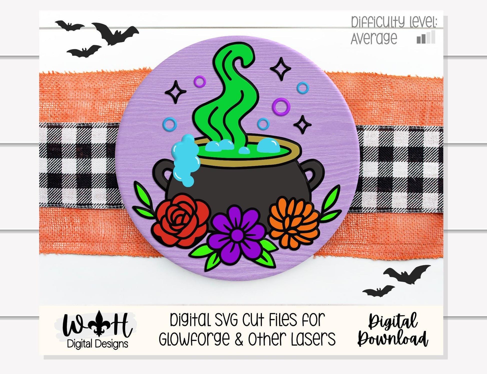 Whimsical Witch Cauldron Floral Round - Halloween Door Hanger - Seasonal Sign Making and DIY Kits - Digital SVG Cut File For Glowforge Laser