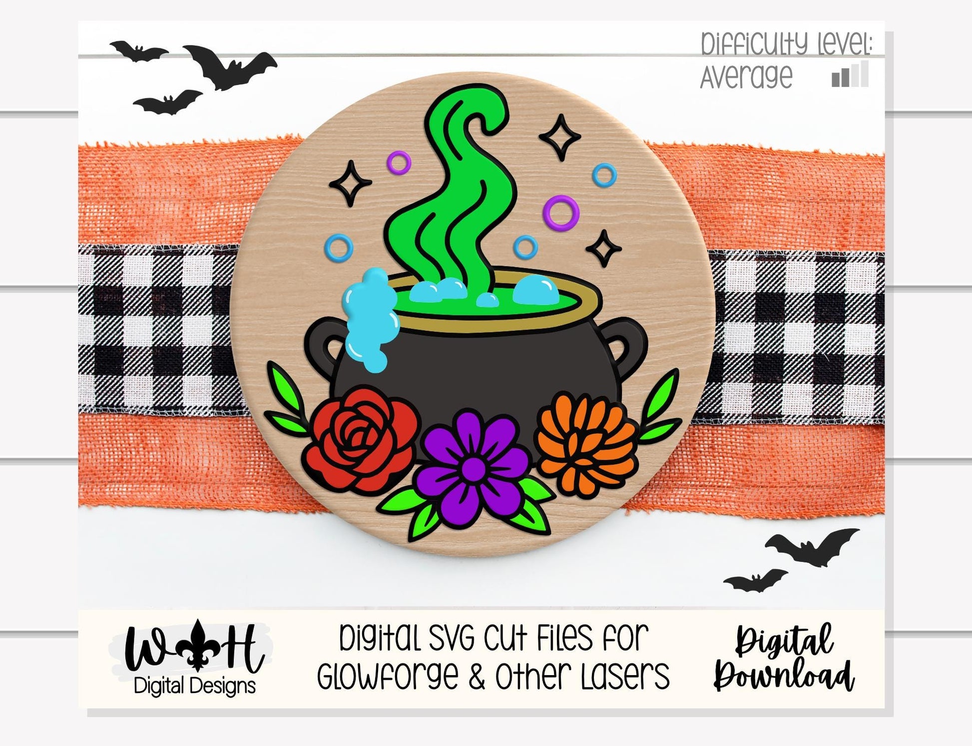 Whimsical Witch Cauldron Floral Round - Halloween Door Hanger - Seasonal Sign Making and DIY Kits - Digital SVG Cut File For Glowforge Laser