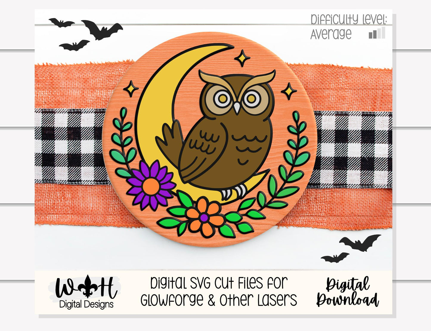 Whimsical Celestial Owl Floral Round - Halloween Door Hanger - Seasonal Sign Making and DIY Kits - Digital SVG Cut File For Glowforge Lasers