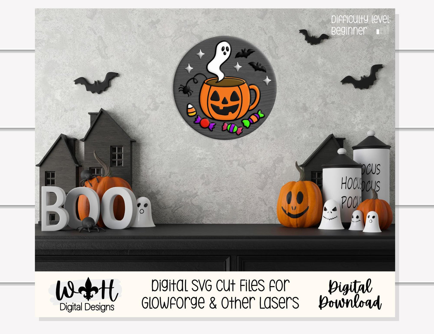 Tricks and Treats Spooky Coffee Mug - Halloween Door Hanger Round - Sign Making and DIY Kits - Digital SVG Cut File For Glowforge Lasers