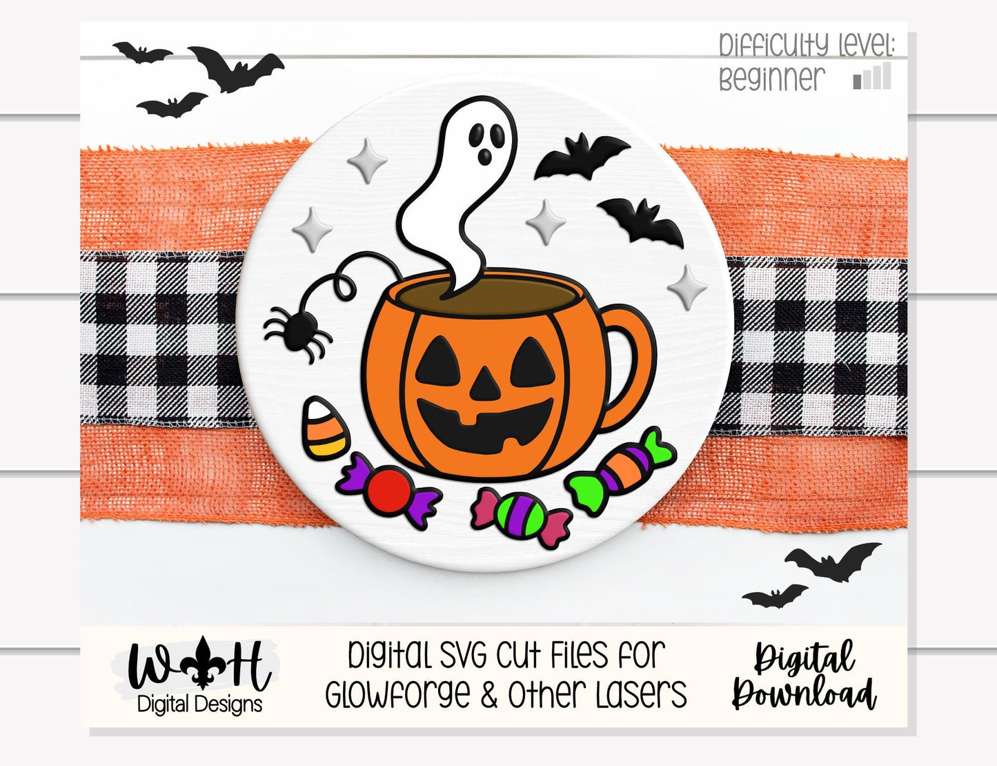 Tricks and Treats Spooky Coffee Mug - Halloween Door Hanger Round - Sign Making and DIY Kits - Digital SVG Cut File For Glowforge Lasers