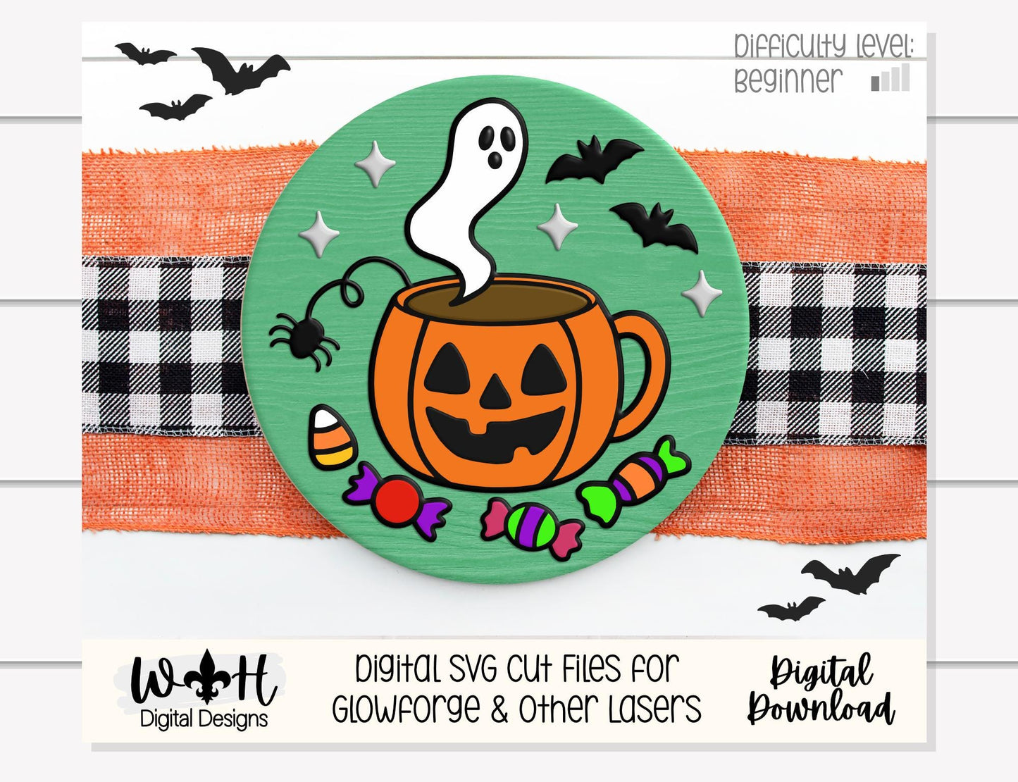 Tricks and Treats Spooky Coffee Mug - Halloween Door Hanger Round - Sign Making and DIY Kits - Digital SVG Cut File For Glowforge Lasers