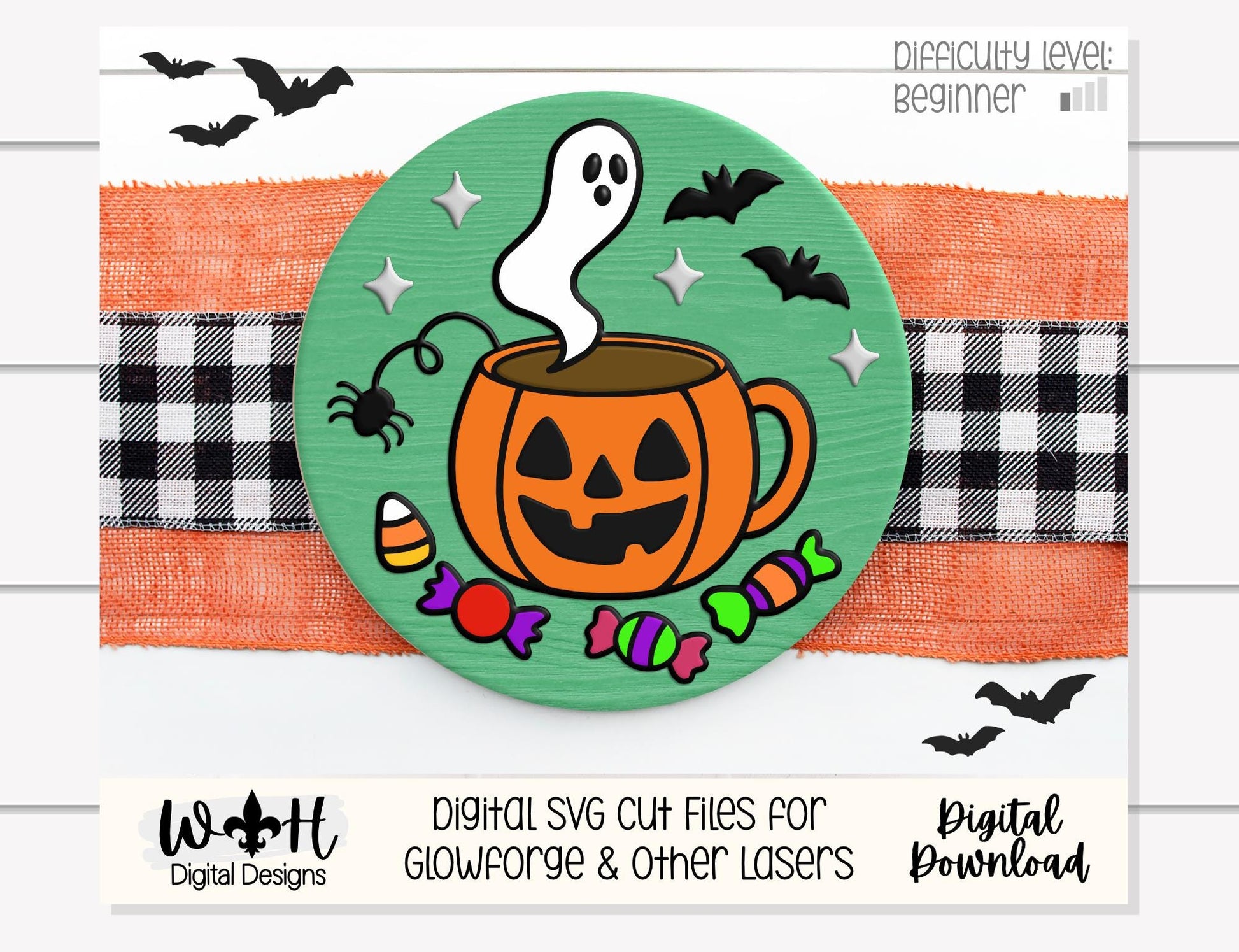 Tricks and Treats Spooky Coffee Mug - Halloween Door Hanger Round - Sign Making and DIY Kits - Digital SVG Cut File For Glowforge Lasers