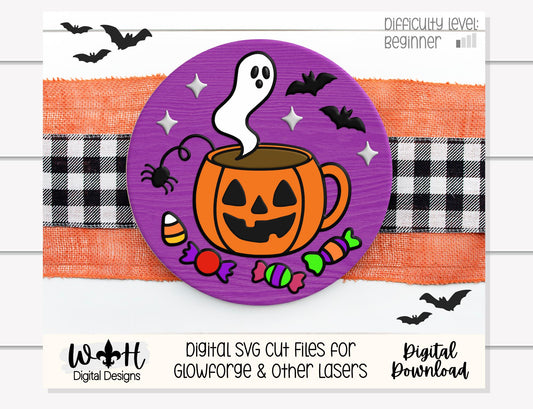 Tricks and Treats Spooky Coffee Mug - Halloween Door Hanger Round - Sign Making and DIY Kits - Digital SVG Cut File For Glowforge Lasers
