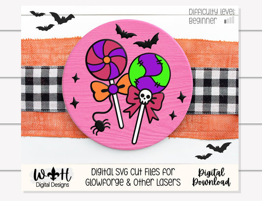 Tricks and Treats Halloween Lollipops - Seasonal Door Hanger Round - Sign Making and DIY Kits - Digital SVG Cut File For Glowforge Laser
