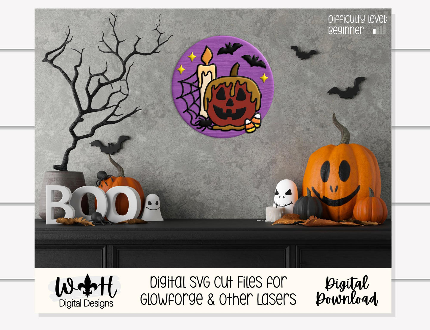 Tricks and Treats Caramel Apple Candle - Halloween Door Hanger Round - Sign Making and DIY Kits - Digital SVG Cut File For Glowforge Laser