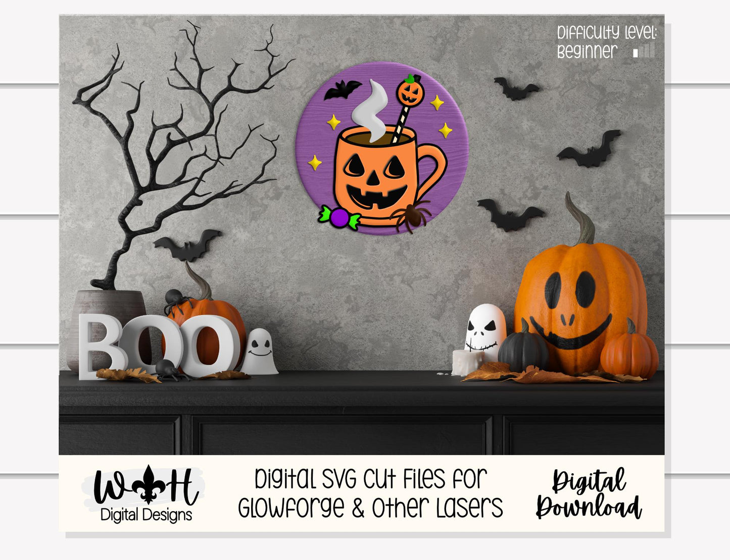 Tricks and Treats Pumpkin Coffee Cakepop - Halloween Door Hanger Round - Sign Making and DIY Kits - Digital SVG Cut File For Glowforge Laser