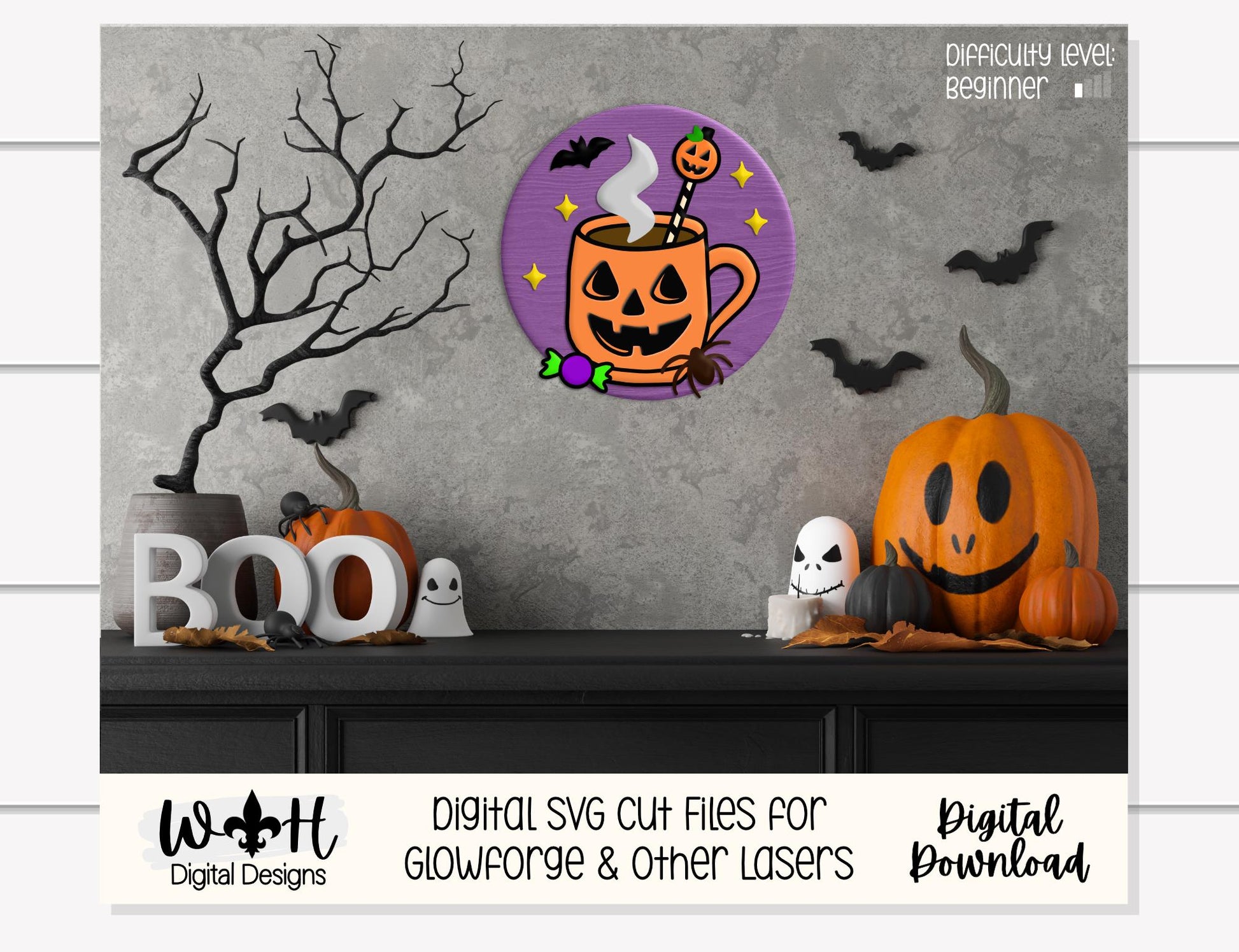 Tricks and Treats Pumpkin Coffee Cakepop - Halloween Door Hanger Round - Sign Making and DIY Kits - Digital SVG Cut File For Glowforge Laser