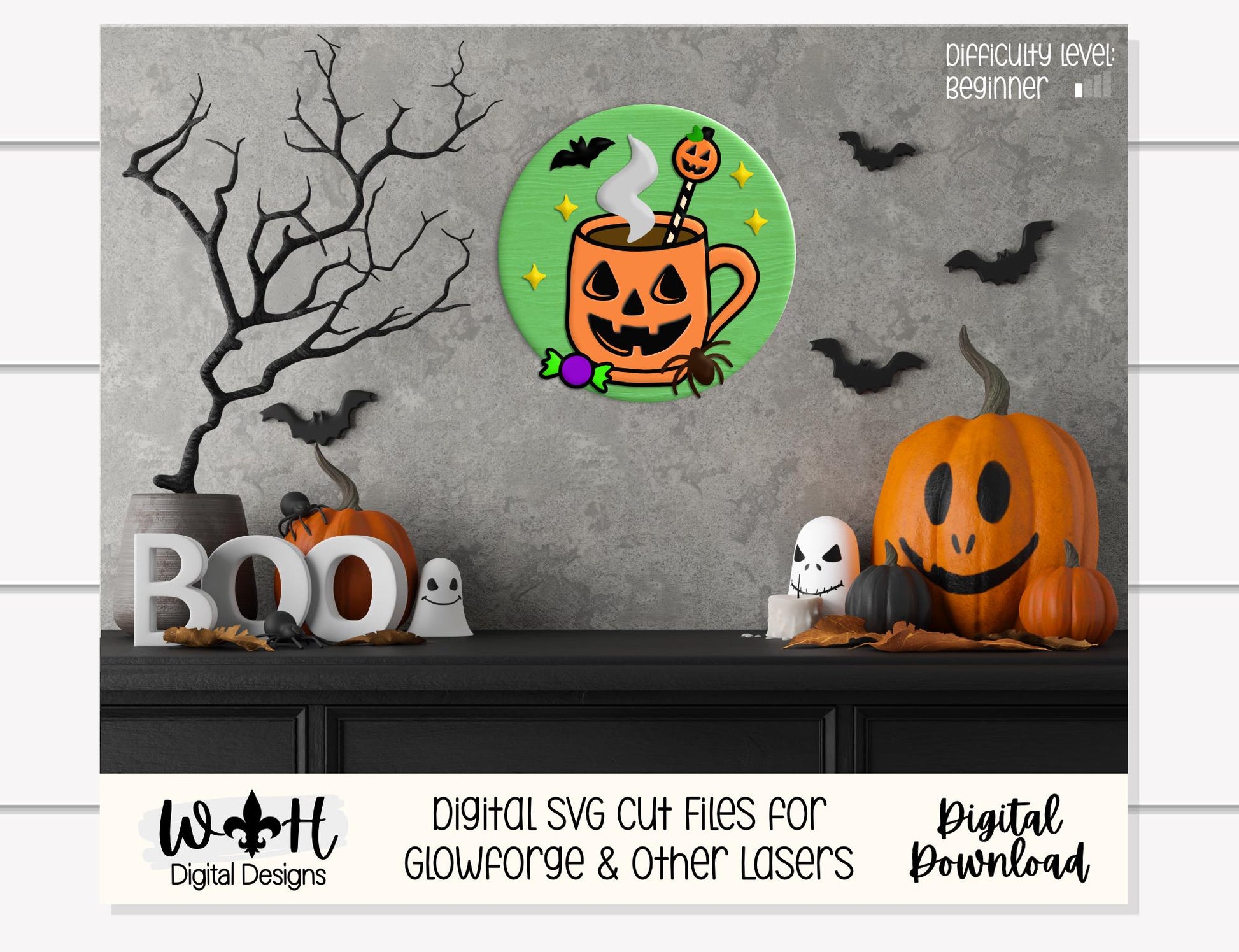 Tricks and Treats Pumpkin Coffee Cakepop - Halloween Door Hanger Round - Sign Making and DIY Kits - Digital SVG Cut File For Glowforge Laser