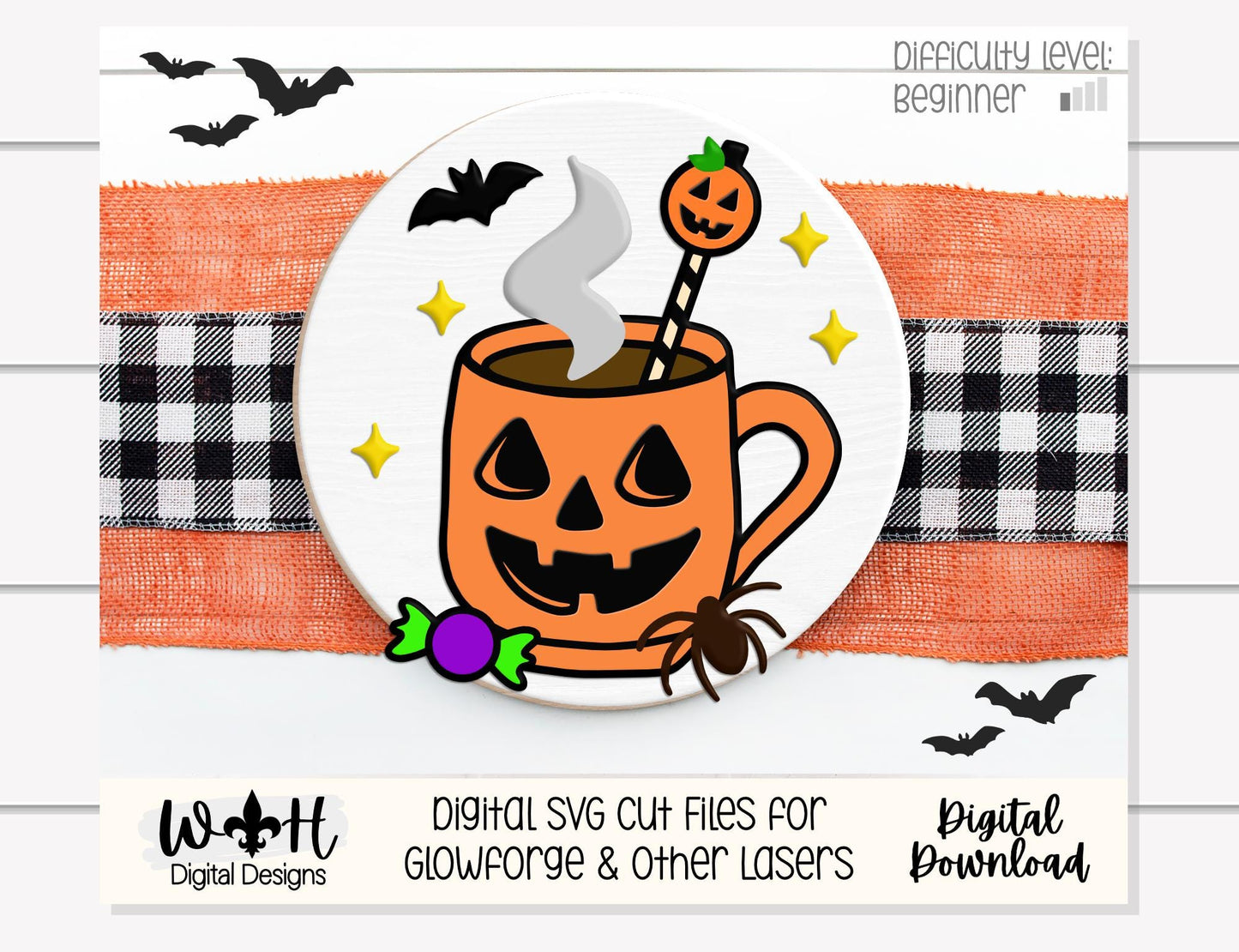 Tricks and Treats Pumpkin Coffee Cakepop - Halloween Door Hanger Round - Sign Making and DIY Kits - Digital SVG Cut File For Glowforge Laser