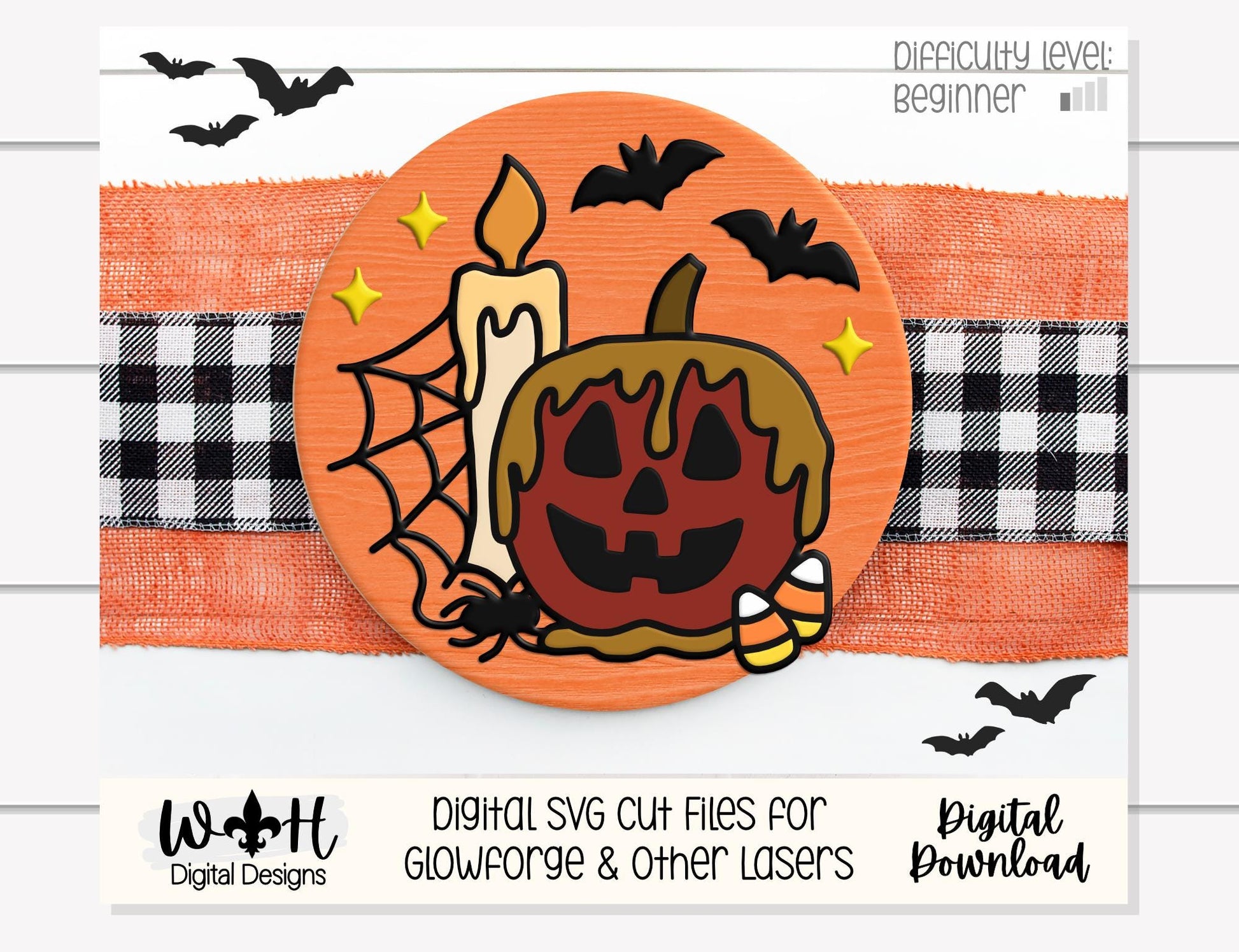 Tricks and Treats Caramel Apple Candle - Halloween Door Hanger Round - Sign Making and DIY Kits - Digital SVG Cut File For Glowforge Laser