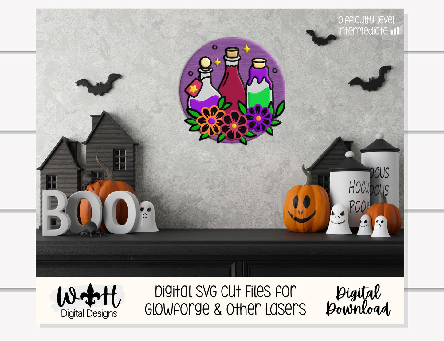 Whimsical Witchy Potions - Halloween Floral Door Hanger - Seasonal Round Sign Making and DIY Kits - Digital SVG Cut File For Glowforge Laser