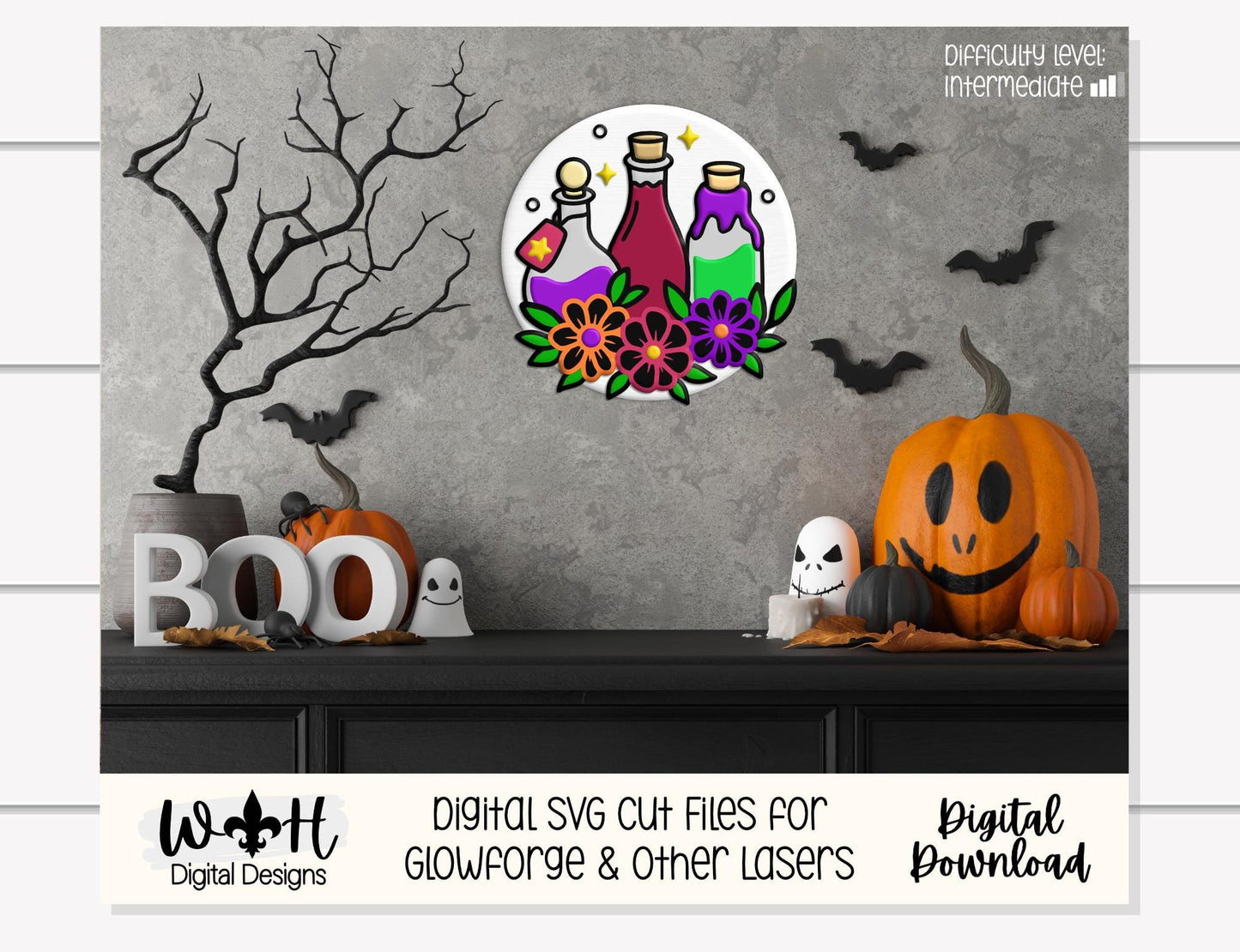 Whimsical Witchy Potions - Halloween Floral Door Hanger - Seasonal Round Sign Making and DIY Kits - Digital SVG Cut File For Glowforge Laser