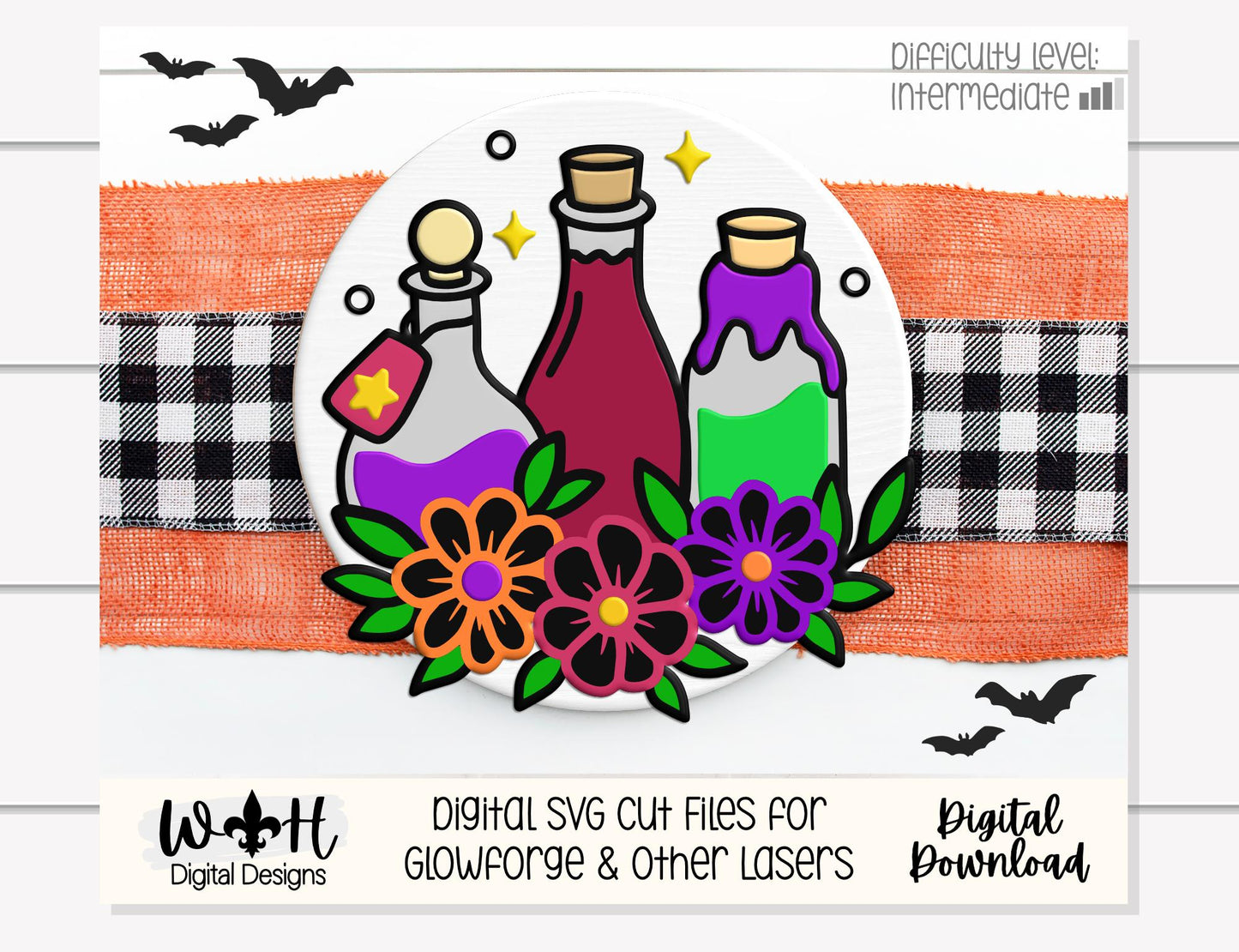 Whimsical Witchy Potions - Halloween Floral Door Hanger - Seasonal Round Sign Making and DIY Kits - Digital SVG Cut File For Glowforge Laser