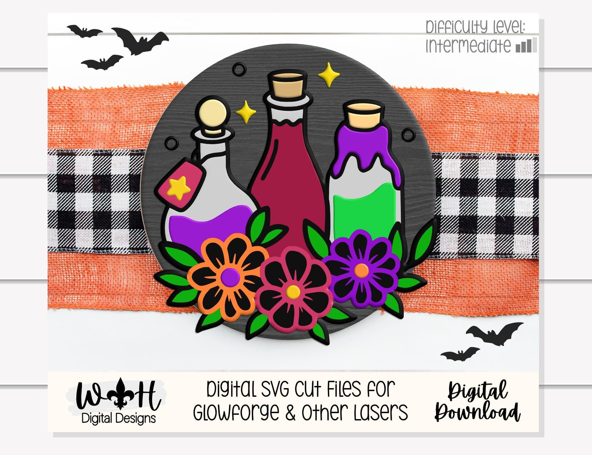 Whimsical Witchy Potions - Halloween Floral Door Hanger - Seasonal Round Sign Making and DIY Kits - Digital SVG Cut File For Glowforge Laser