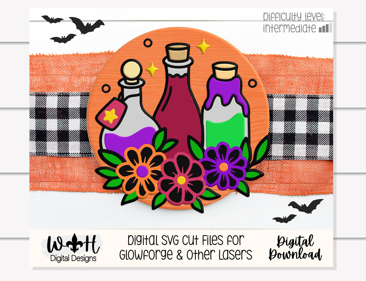 Whimsical Witchy Potions - Halloween Floral Door Hanger - Seasonal Round Sign Making and DIY Kits - Digital SVG Cut File For Glowforge Laser