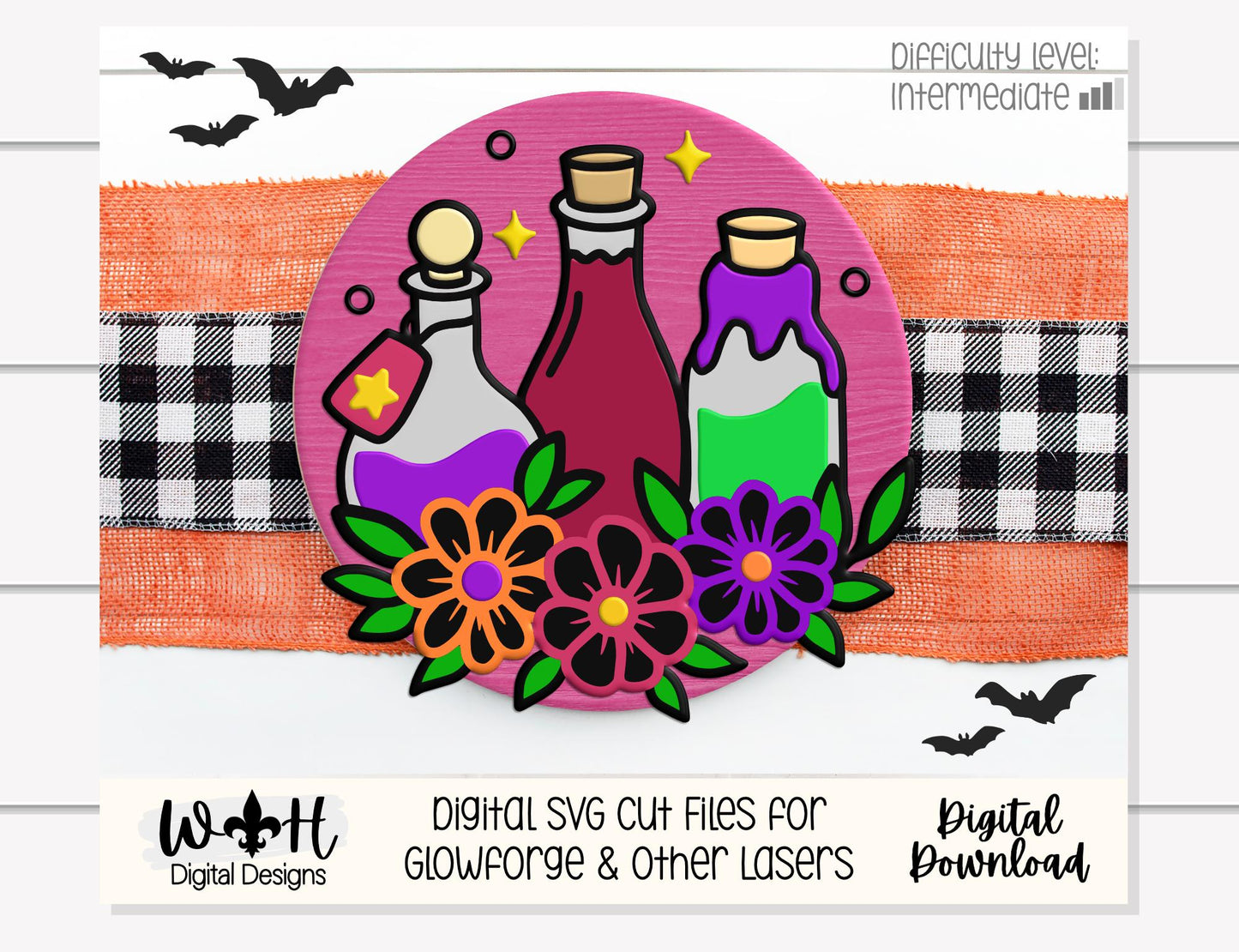 Whimsical Witchy Potions - Halloween Floral Door Hanger - Seasonal Round Sign Making and DIY Kits - Digital SVG Cut File For Glowforge Laser