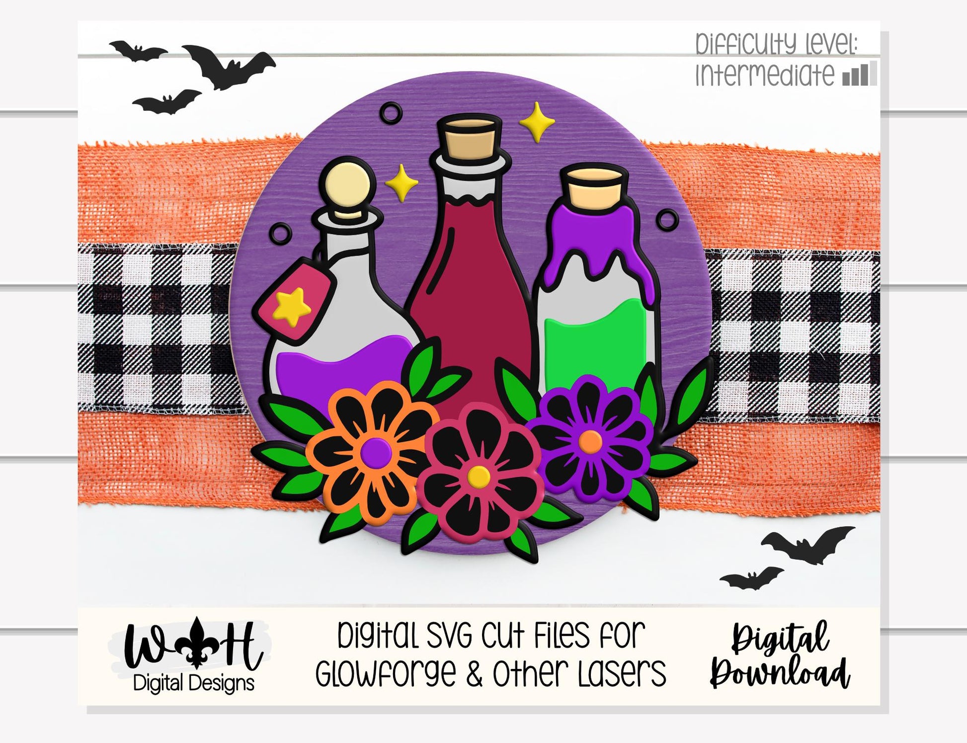 Whimsical Witchy Potions - Halloween Floral Door Hanger - Seasonal Round Sign Making and DIY Kits - Digital SVG Cut File For Glowforge Laser