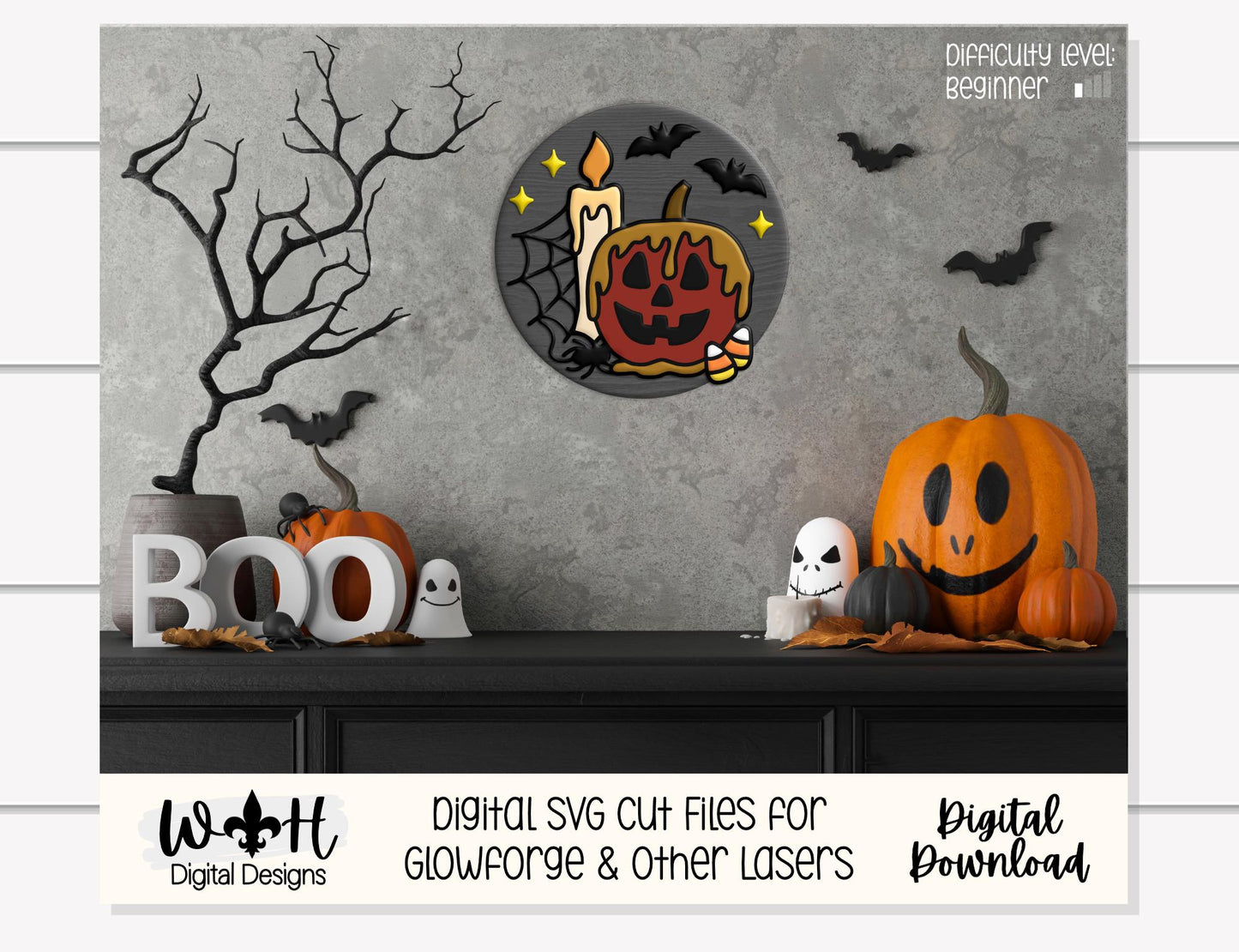 Tricks and Treats Caramel Apple Candle - Halloween Door Hanger Round - Sign Making and DIY Kits - Digital SVG Cut File For Glowforge Laser