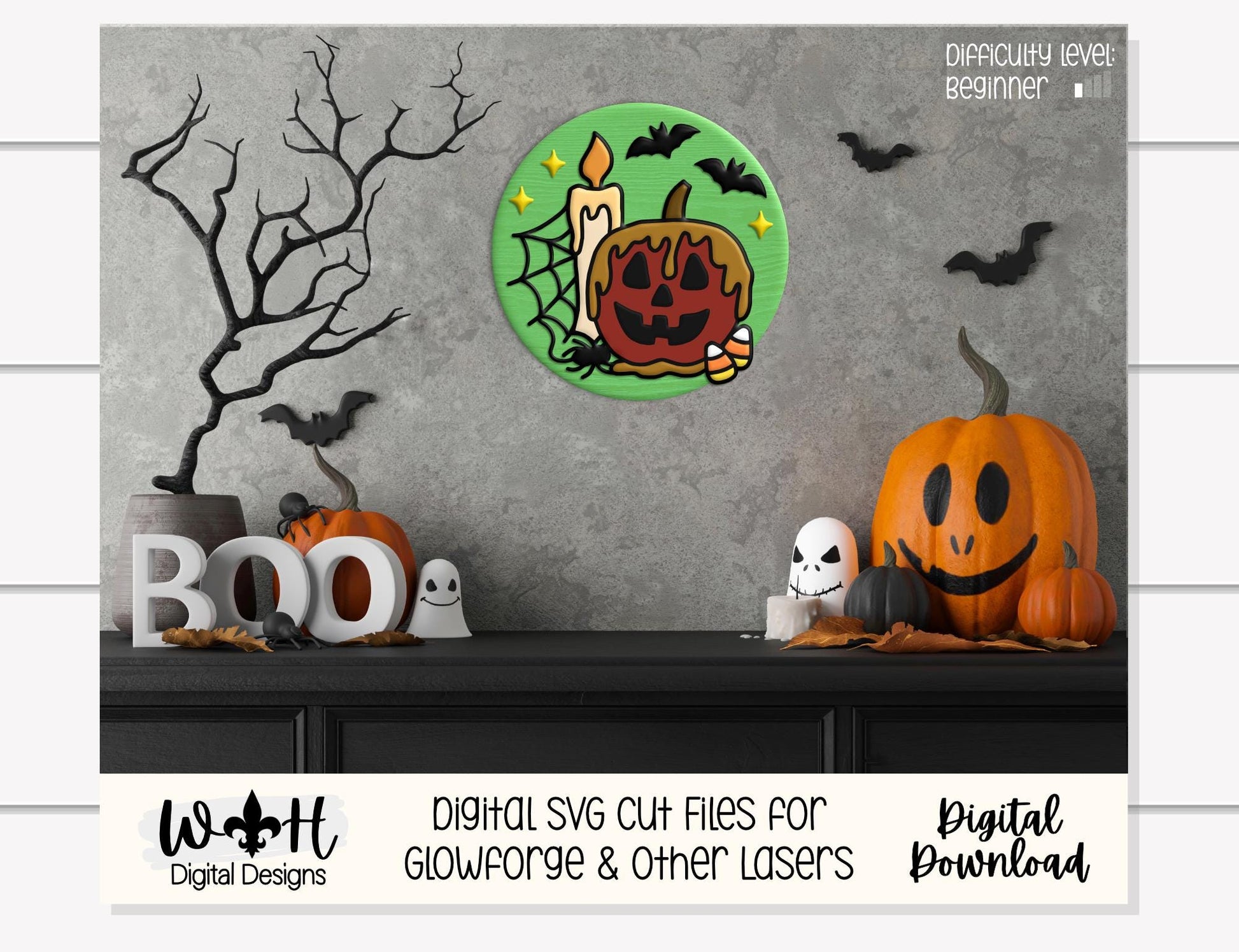 Tricks and Treats Caramel Apple Candle - Halloween Door Hanger Round - Sign Making and DIY Kits - Digital SVG Cut File For Glowforge Laser