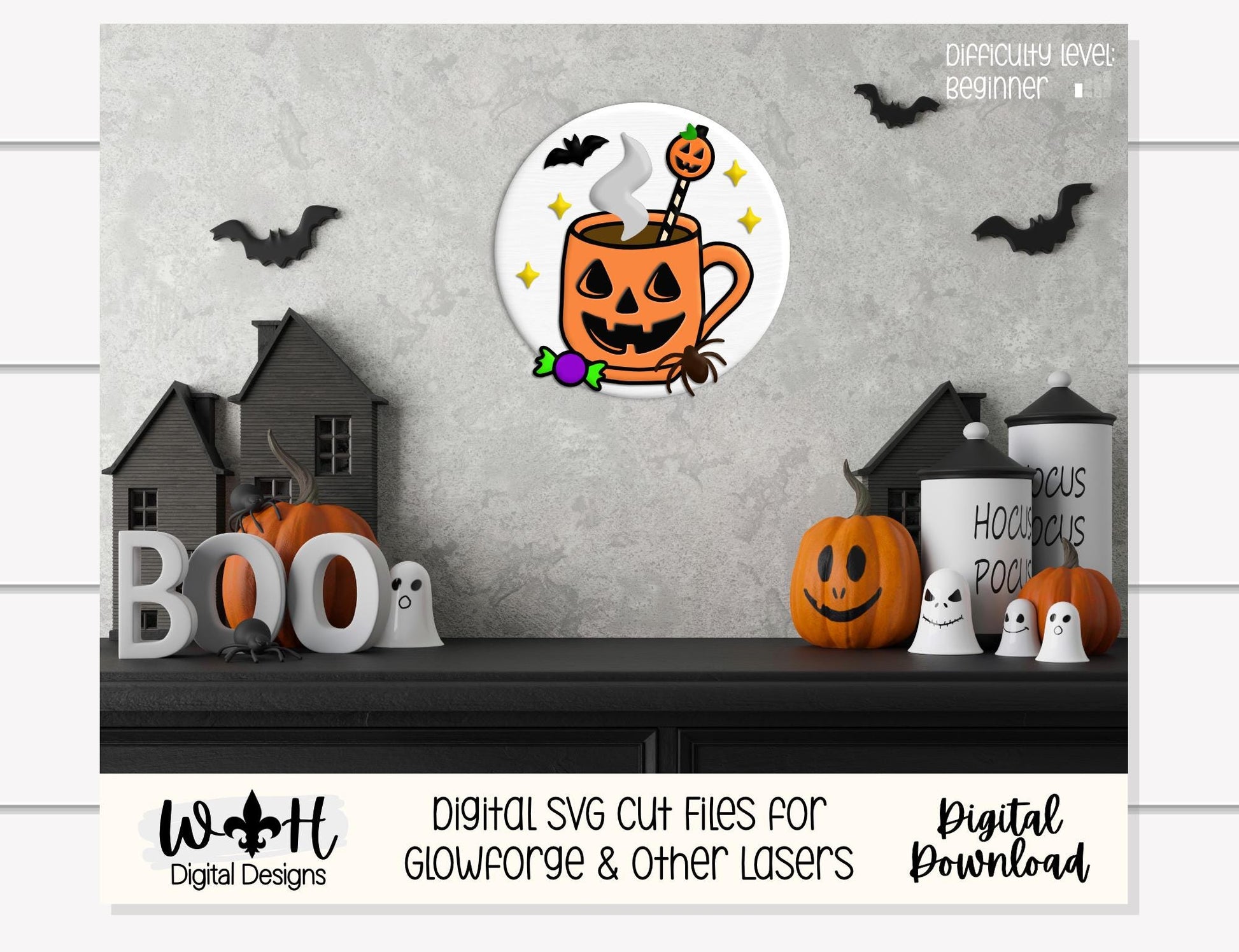 Tricks and Treats Pumpkin Coffee Cakepop - Halloween Door Hanger Round - Sign Making and DIY Kits - Digital SVG Cut File For Glowforge Laser