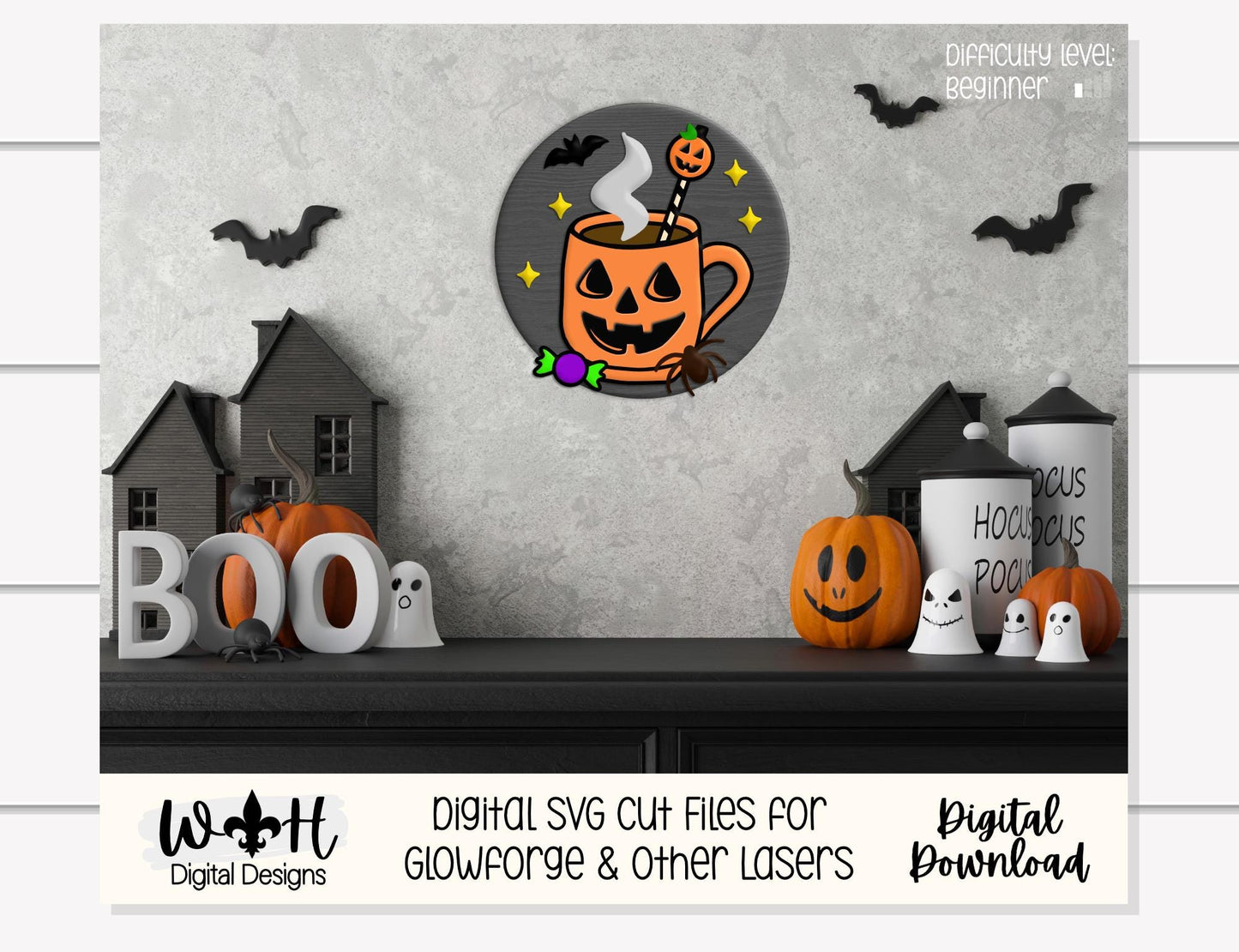 Tricks and Treats Pumpkin Coffee Cakepop - Halloween Door Hanger Round - Sign Making and DIY Kits - Digital SVG Cut File For Glowforge Laser