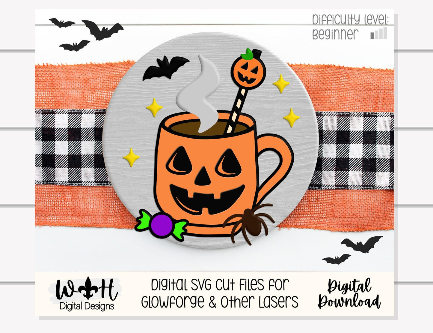 Tricks and Treats Pumpkin Coffee Cakepop - Halloween Door Hanger Round - Sign Making and DIY Kits - Digital SVG Cut File For Glowforge Laser