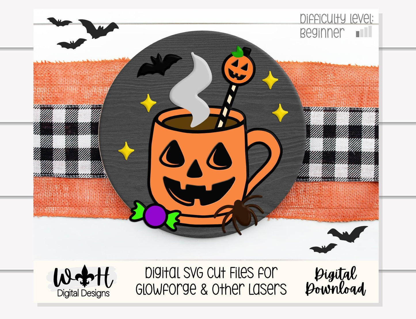Tricks and Treats Pumpkin Coffee Cakepop - Halloween Door Hanger Round - Sign Making and DIY Kits - Digital SVG Cut File For Glowforge Laser