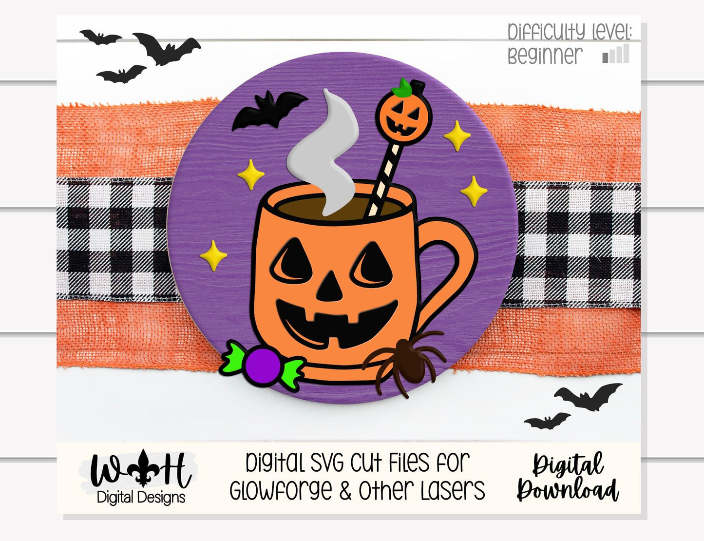 Tricks and Treats Pumpkin Coffee Cakepop - Halloween Door Hanger Round - Sign Making and DIY Kits - Digital SVG Cut File For Glowforge Laser