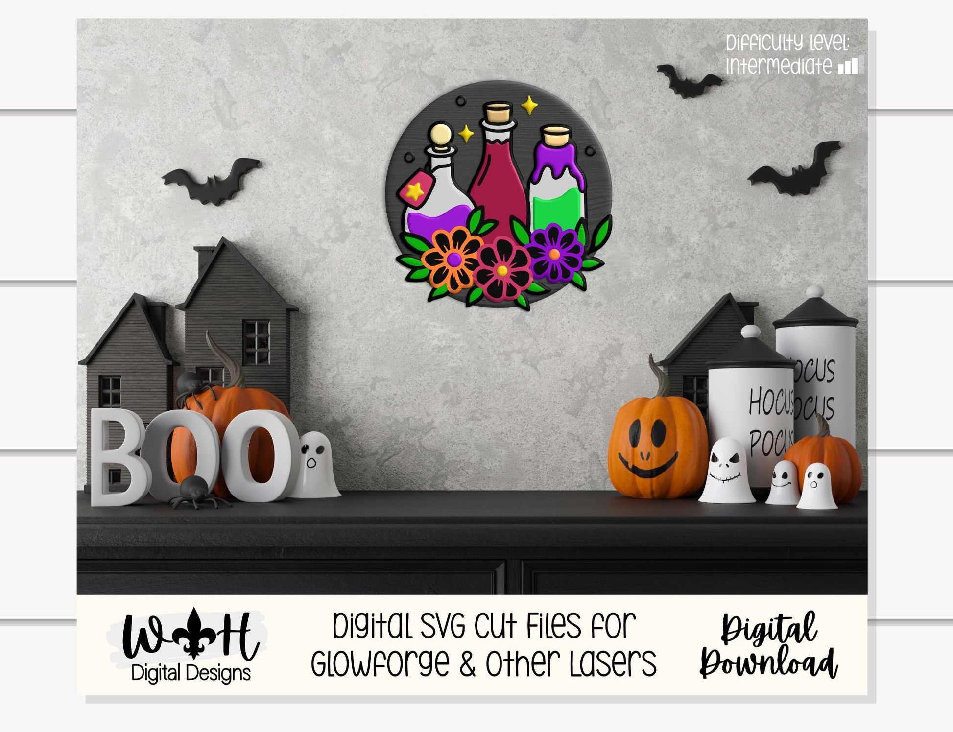 Whimsical Witchy Potions - Halloween Floral Door Hanger - Seasonal Round Sign Making and DIY Kits - Digital SVG Cut File For Glowforge Laser