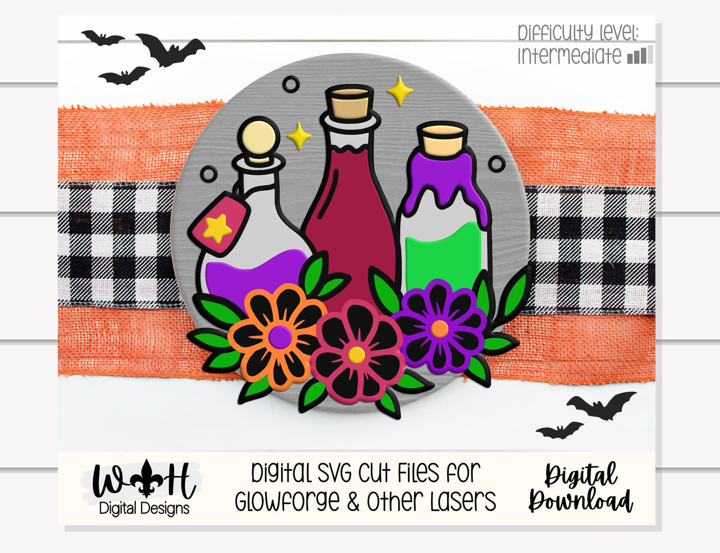 Whimsical Witchy Potions - Halloween Floral Door Hanger - Seasonal Round Sign Making and DIY Kits - Digital SVG Cut File For Glowforge Laser