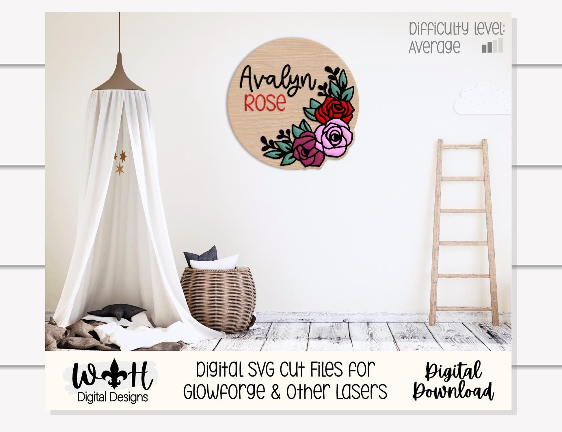 Avalynn Rose Outline Florals - Baby Nursery Round - Sign Making and DIY Kits - Offset Floral Digital SVG Cut File For Glowforge Lasers