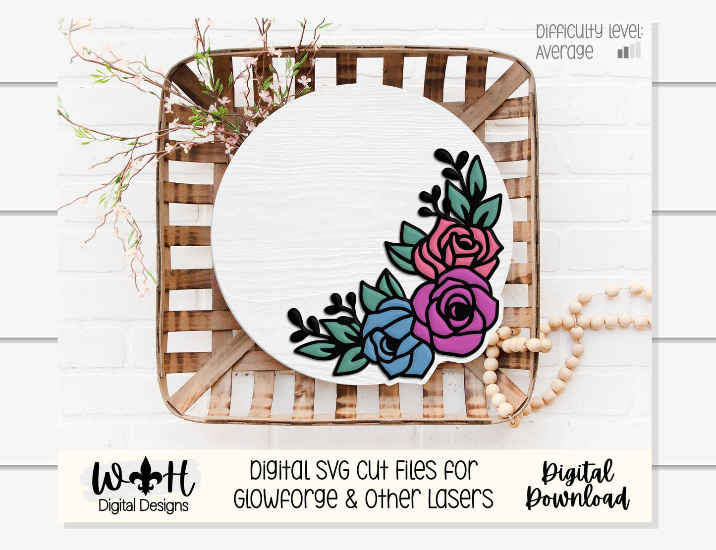 Avalynn Rose Outline Florals - Baby Nursery Round - Sign Making and DIY Kits - Offset Floral Digital SVG Cut File For Glowforge Lasers